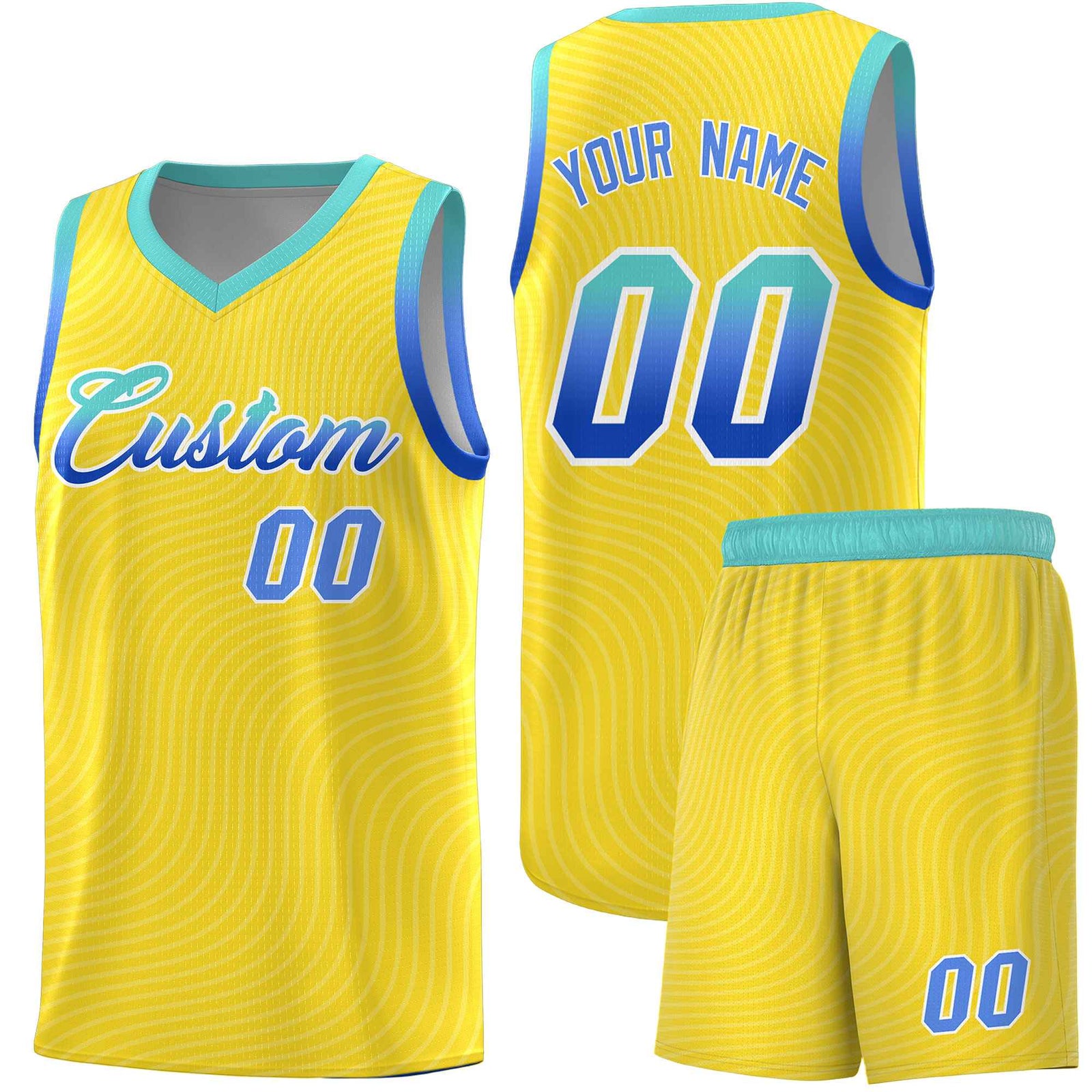 Custom Gold Bright Green Wave Pattern Sports Uniform Basketball Kits