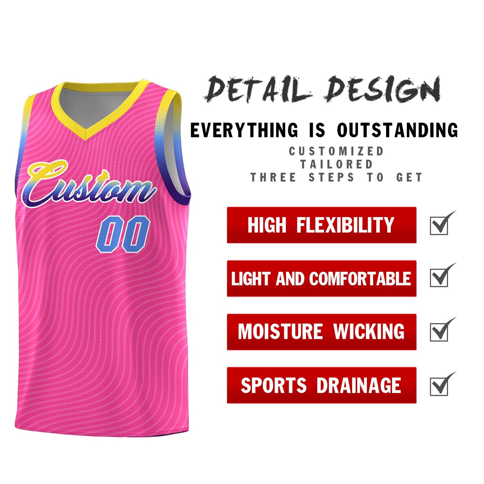 Custom Pink Gold Wave Pattern Sports Uniform Basketball Kits