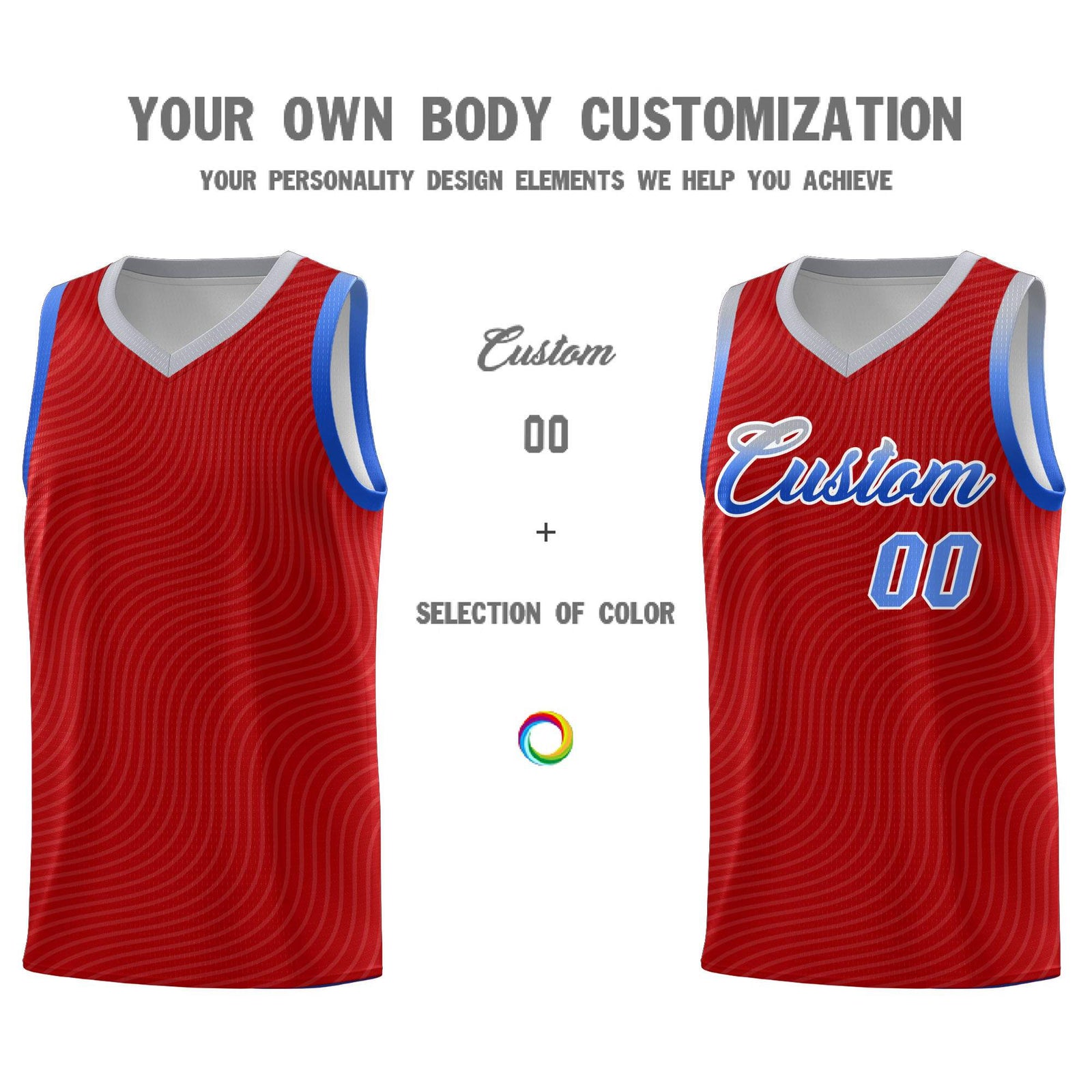 Custom Red Gray Wave Pattern Sports Uniform Basketball Kits