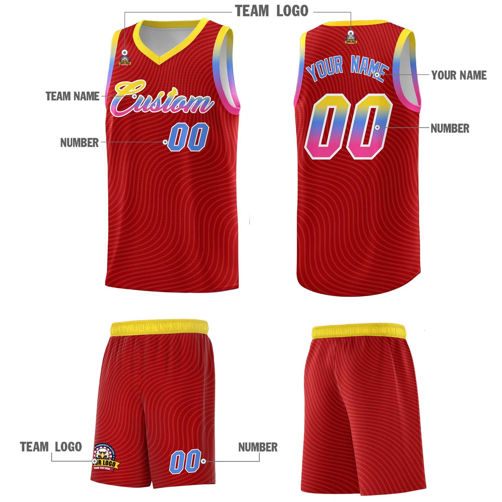 Custom Red Gold Wave Pattern Sports Uniform Basketball Kits