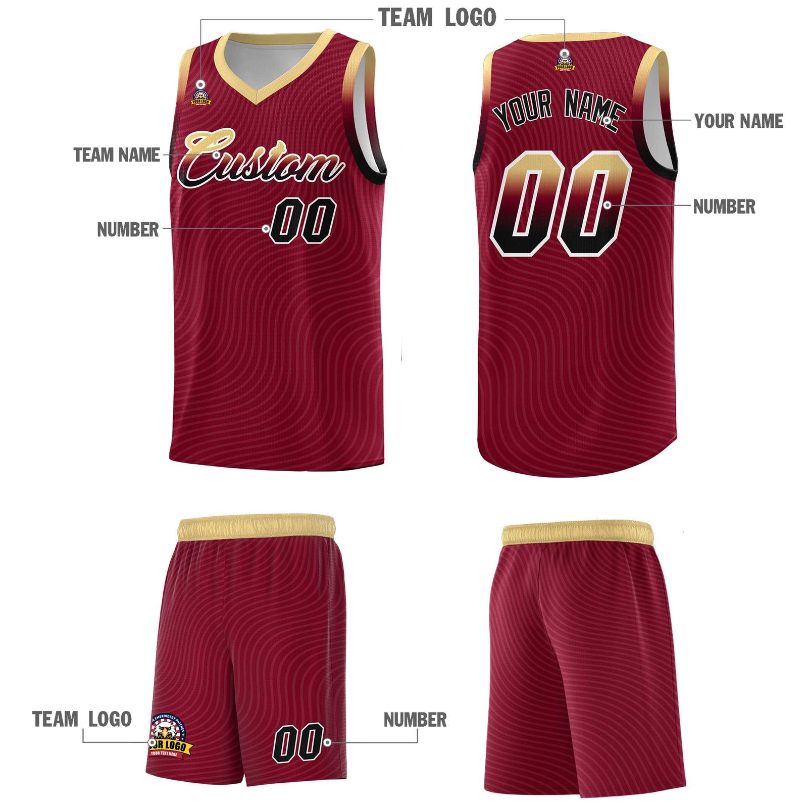 Custom Crimson Khaki Wave Pattern Sports Uniform Basketball Kits