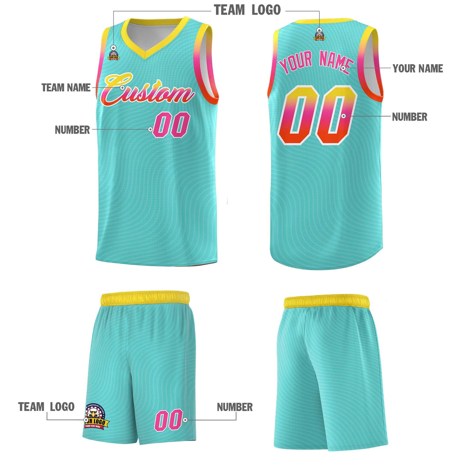 Custom Bright Green Gold Wave Pattern Sports Uniform Basketball Kits