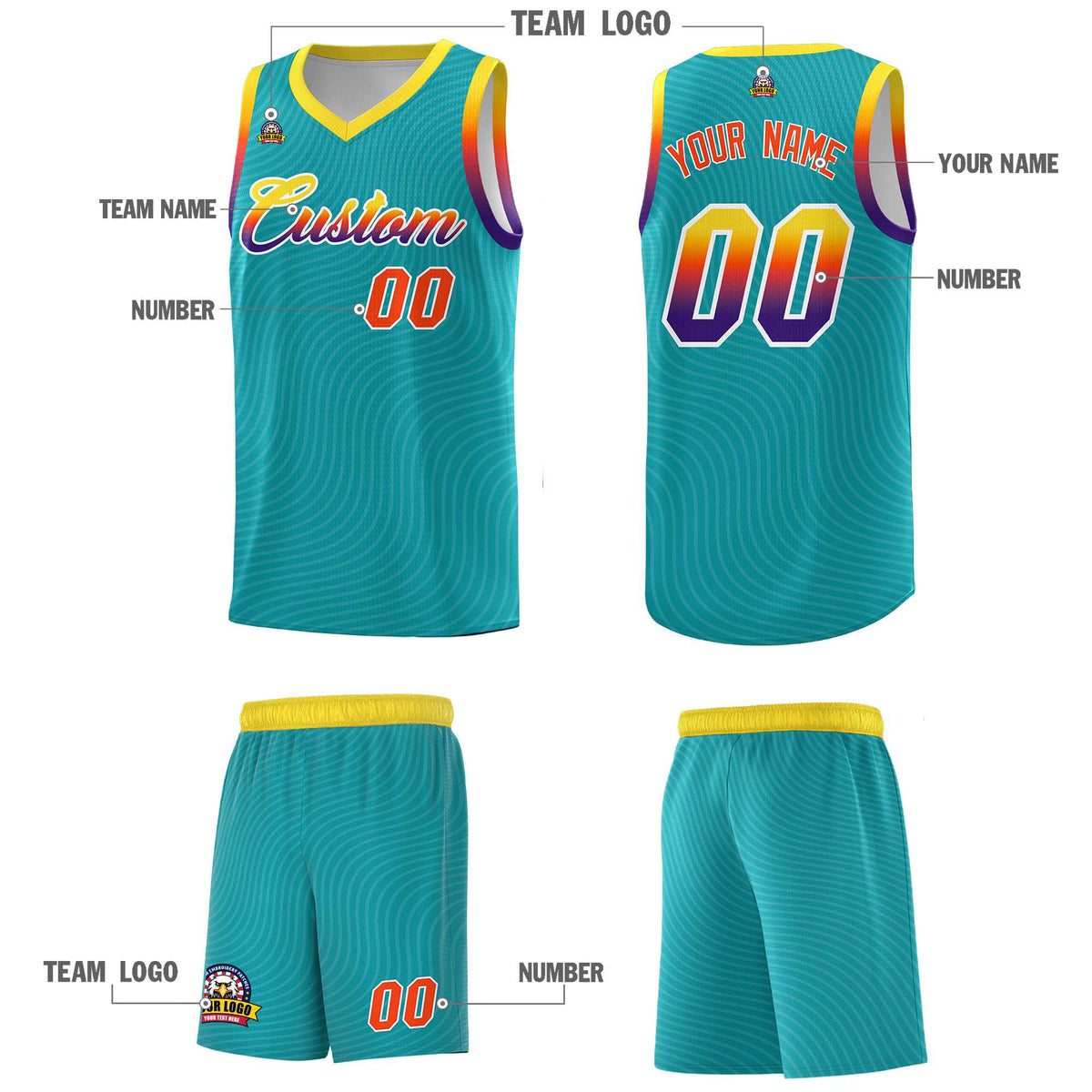 Custom Aqua Gold Wave Pattern Sports Uniform Basketball Kits