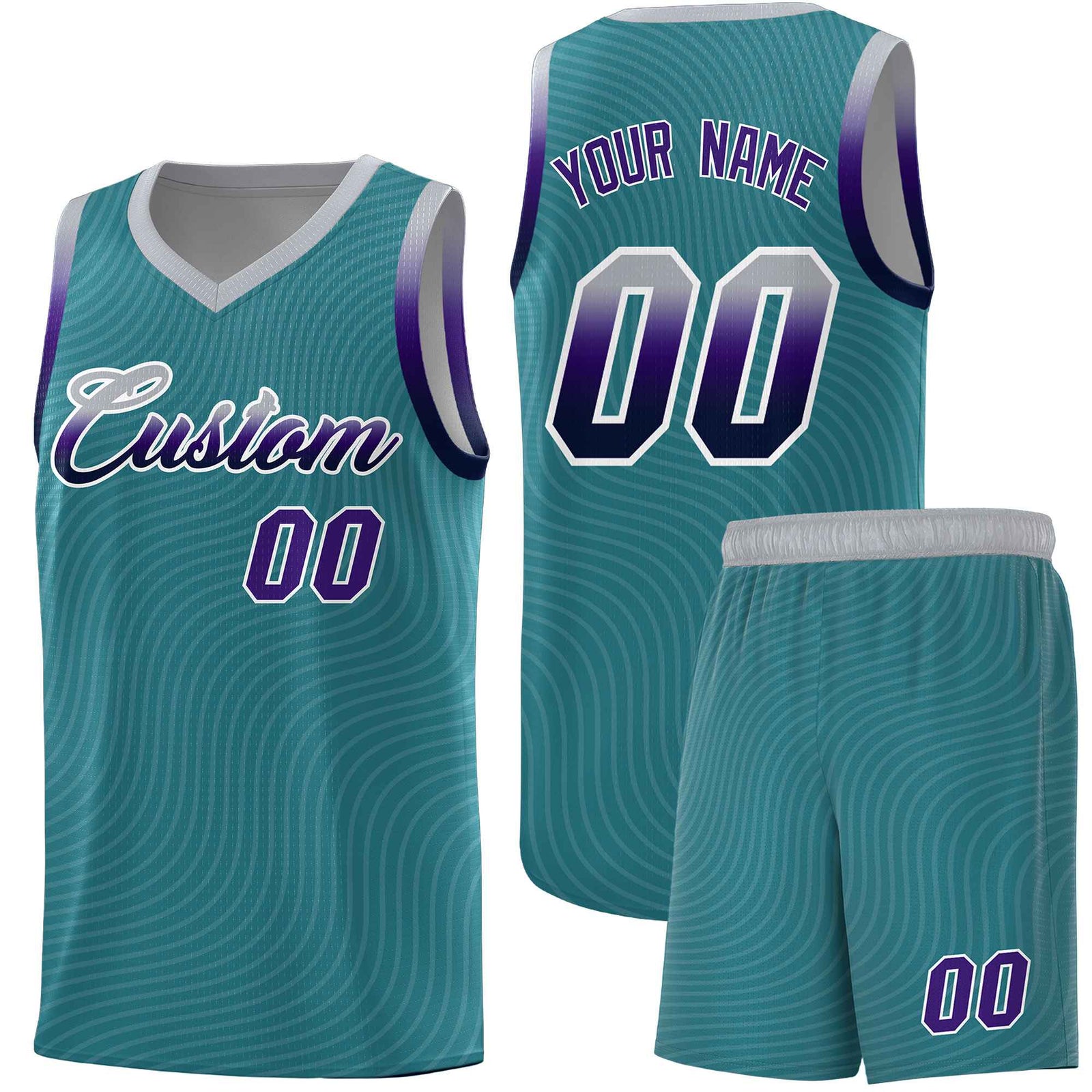 Custom Teal Gray Wave Pattern Sports Uniform Basketball Kits