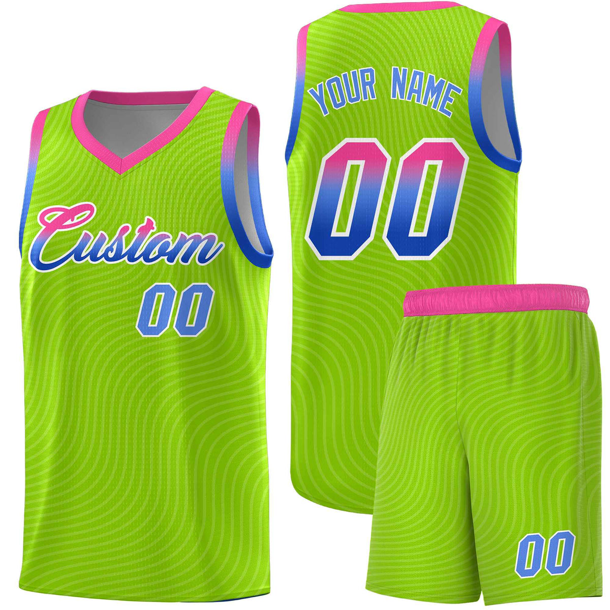 Custom Neon Green Pink Wave Pattern Sports Uniform Basketball Kits