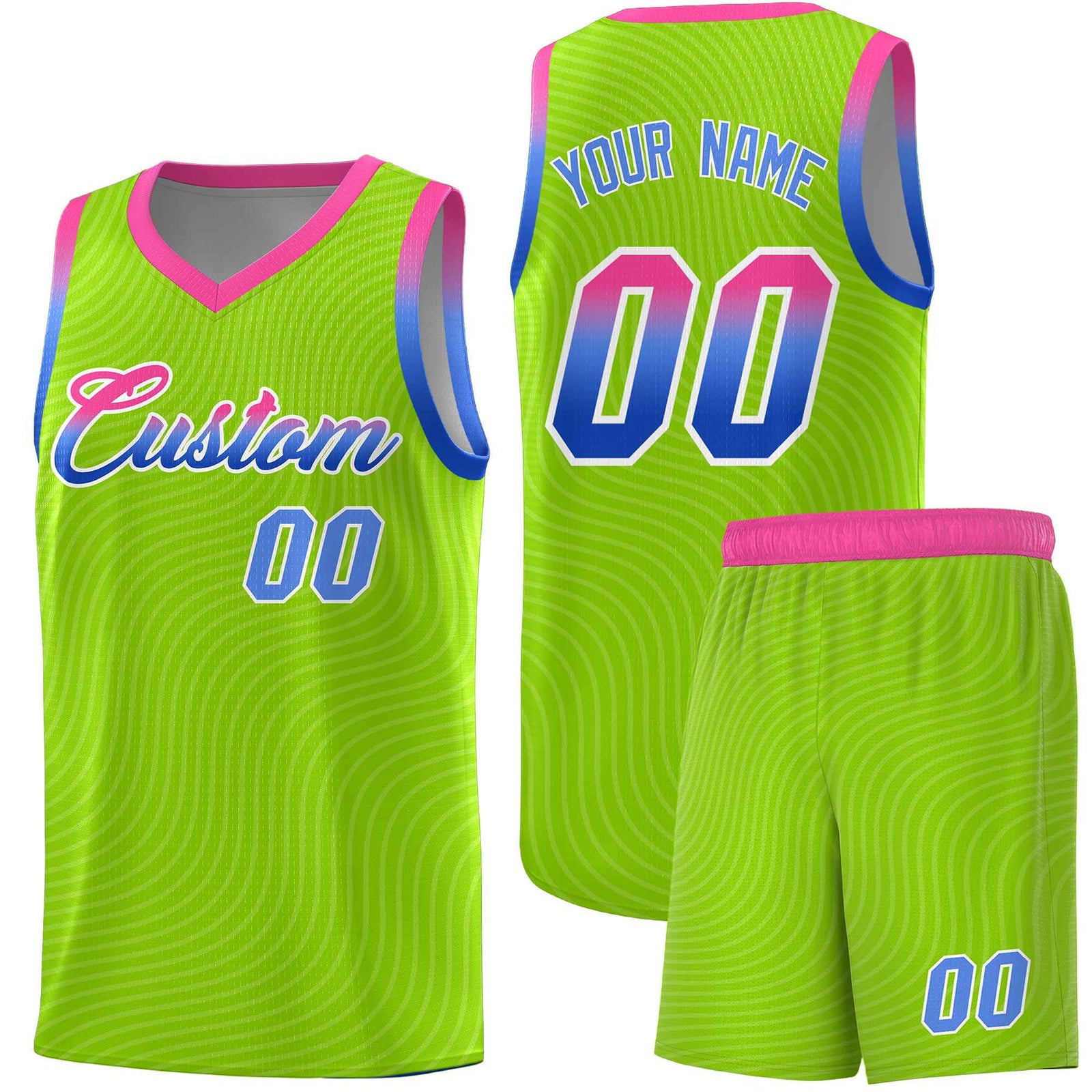 Custom Neon Green Pink Wave Pattern Sports Uniform Basketball Kits