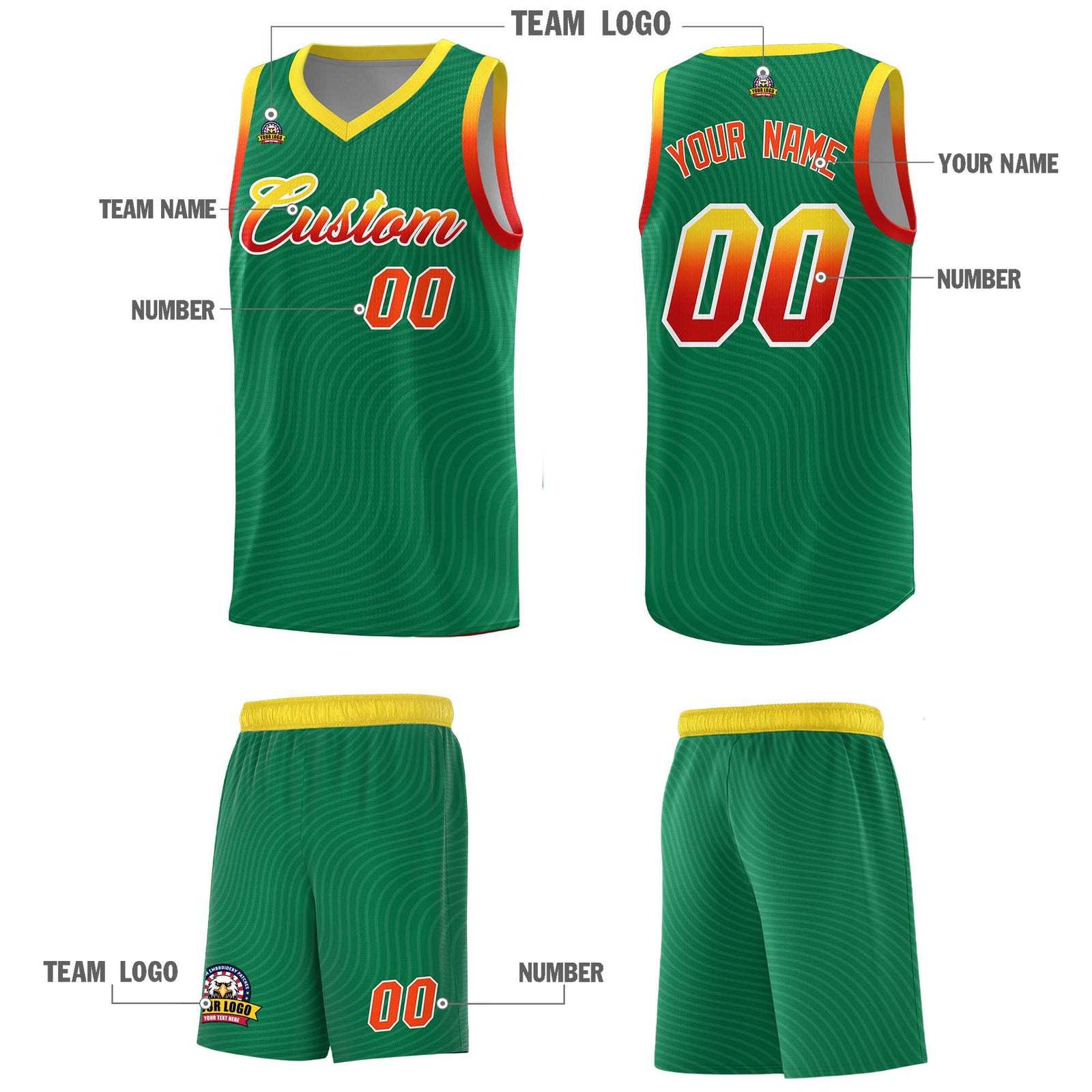 Custom Kelly Green Gold Wave Pattern Sports Uniform Basketball Kits