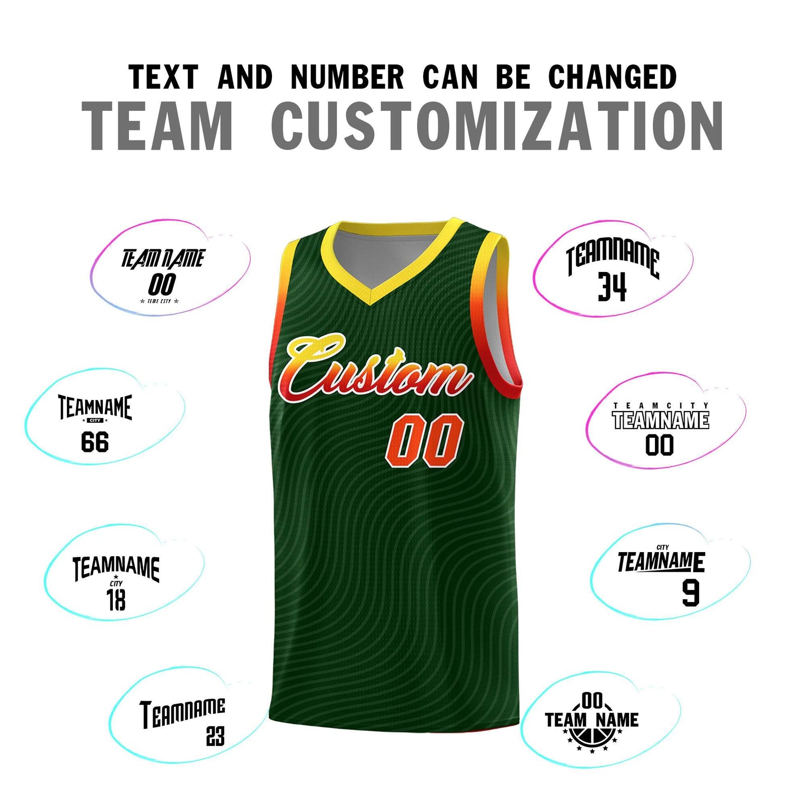 Custom Hunter Green Gold Wave Pattern Sports Uniform Basketball Kits
