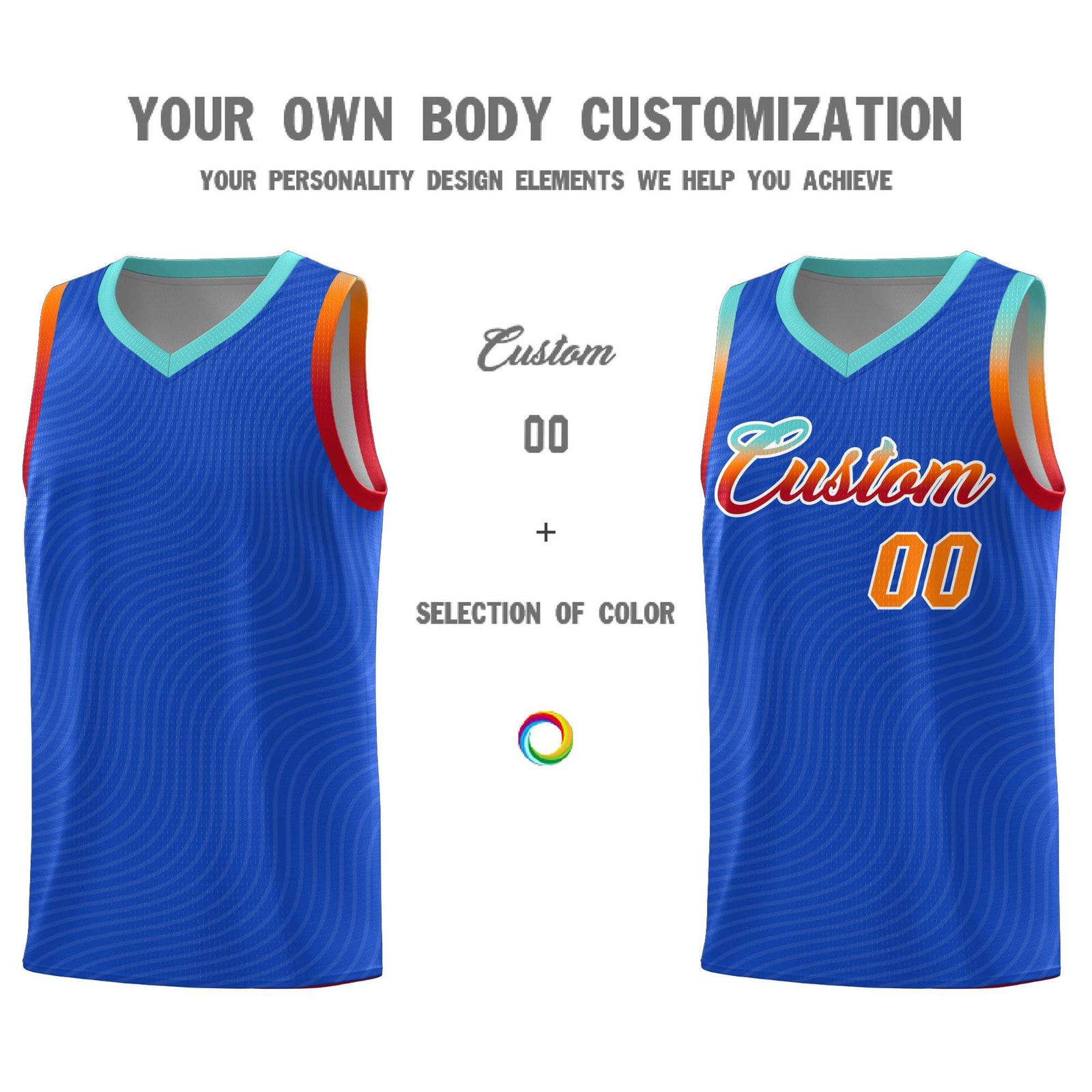 Custom Royal Blue Bright Green Wave Pattern Sports Uniform Basketball Kits