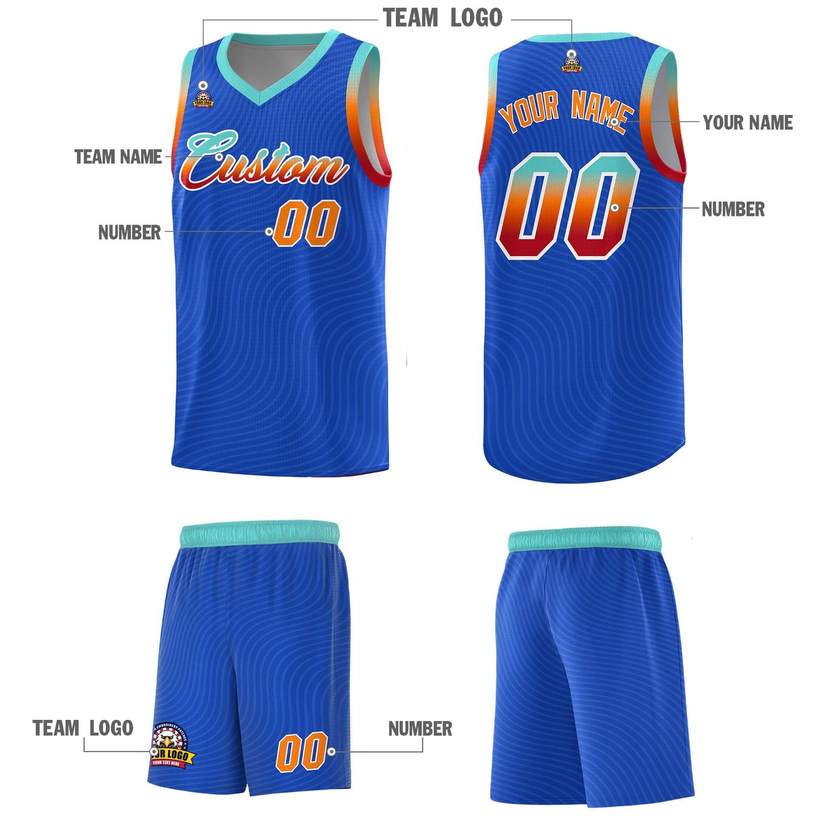 Custom Royal Blue Bright Green Wave Pattern Sports Uniform Basketball Kits