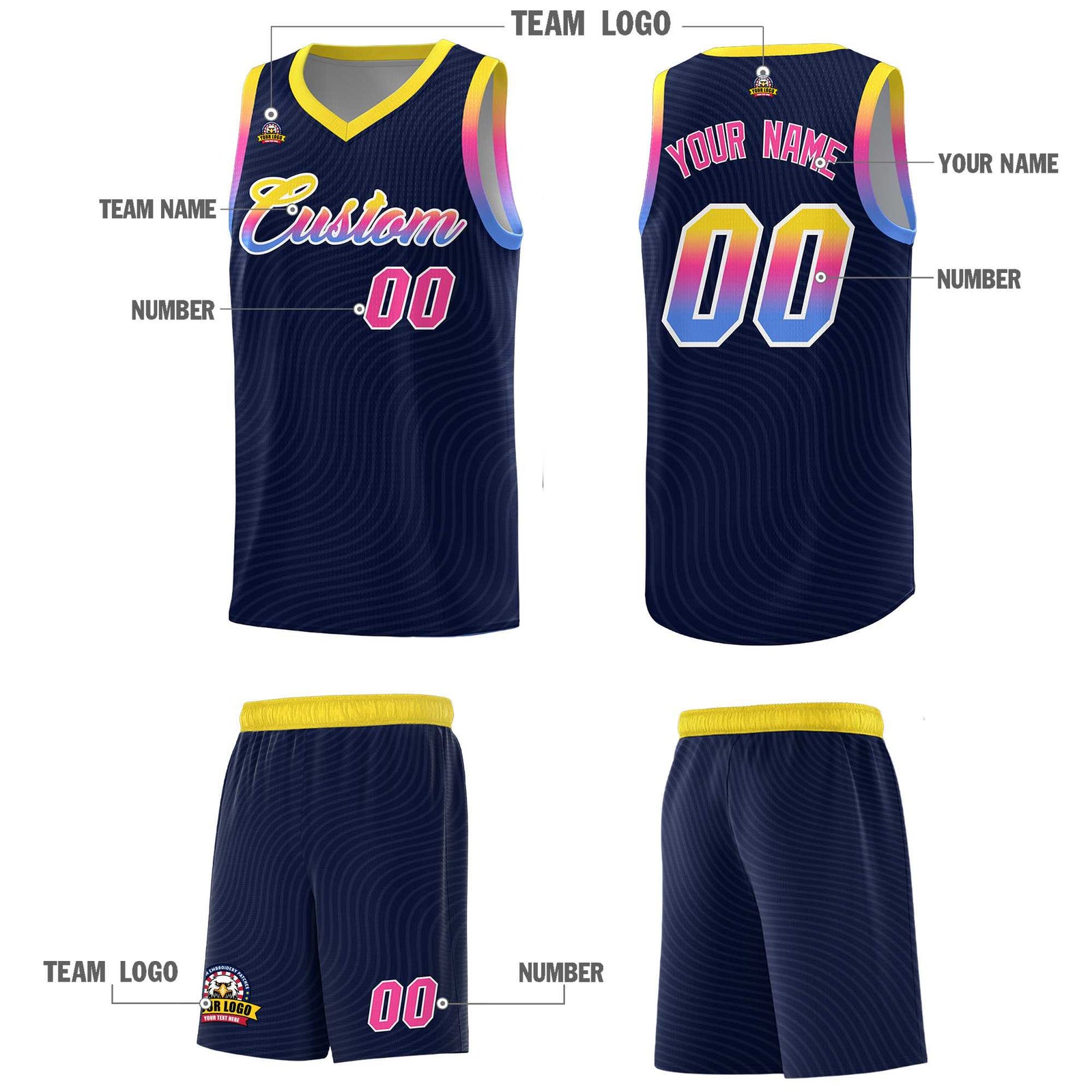 Custom Navy Gold Wave Pattern Sports Uniform Basketball Kits