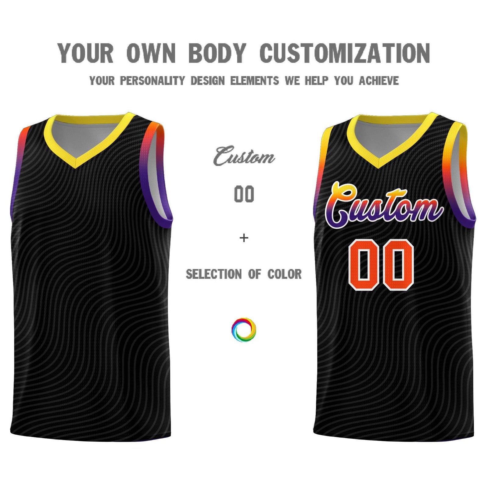 Custom Black Gold Wave Pattern Sports Uniform Basketball Kits