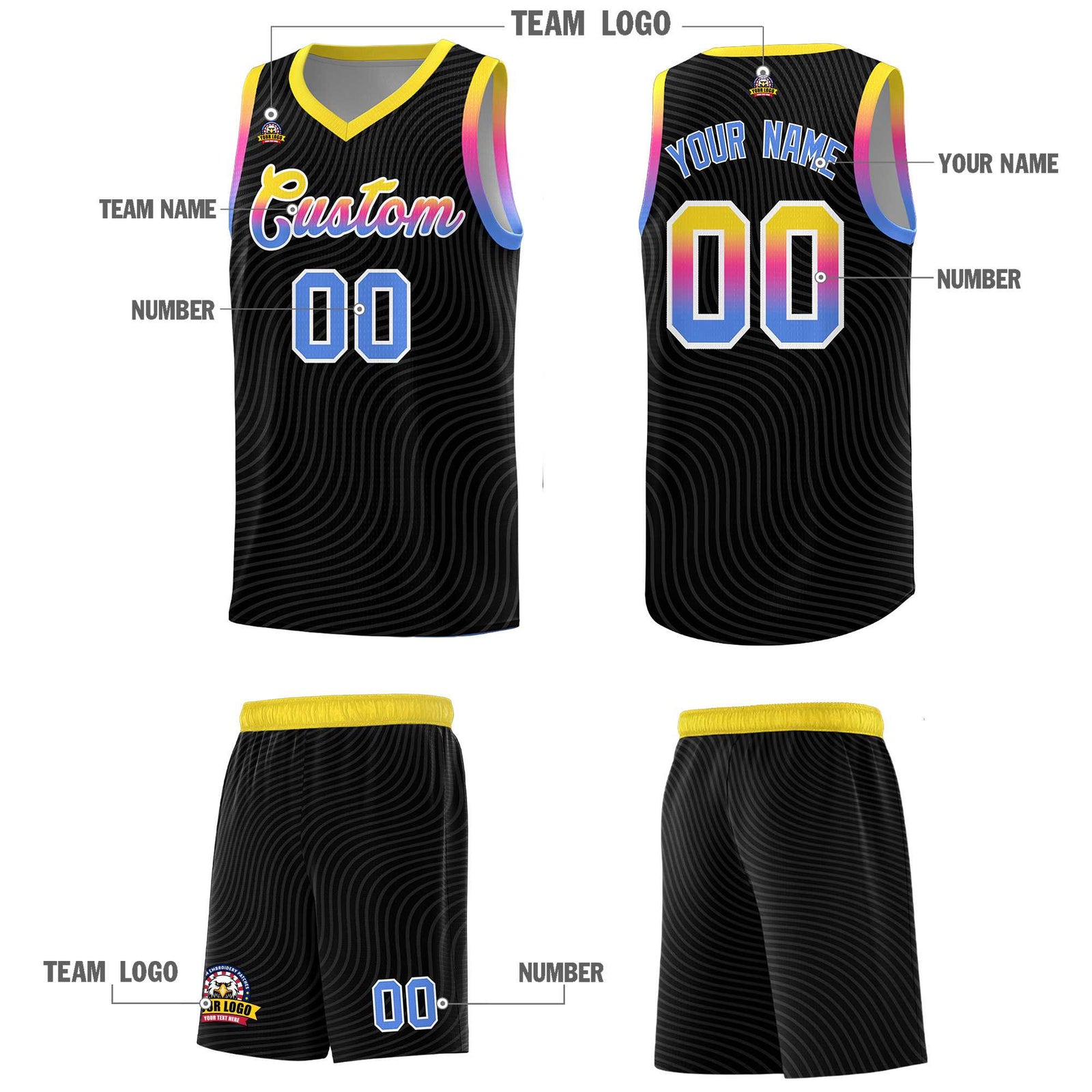 Custom Black Gold Wave Pattern Sports Uniform Basketball Kits