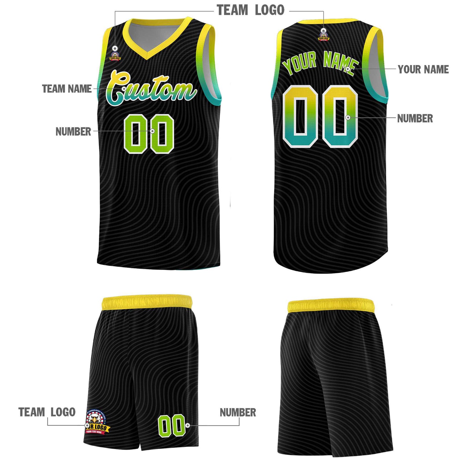 Custom Black Gold Wave Pattern Sports Uniform Basketball Kits