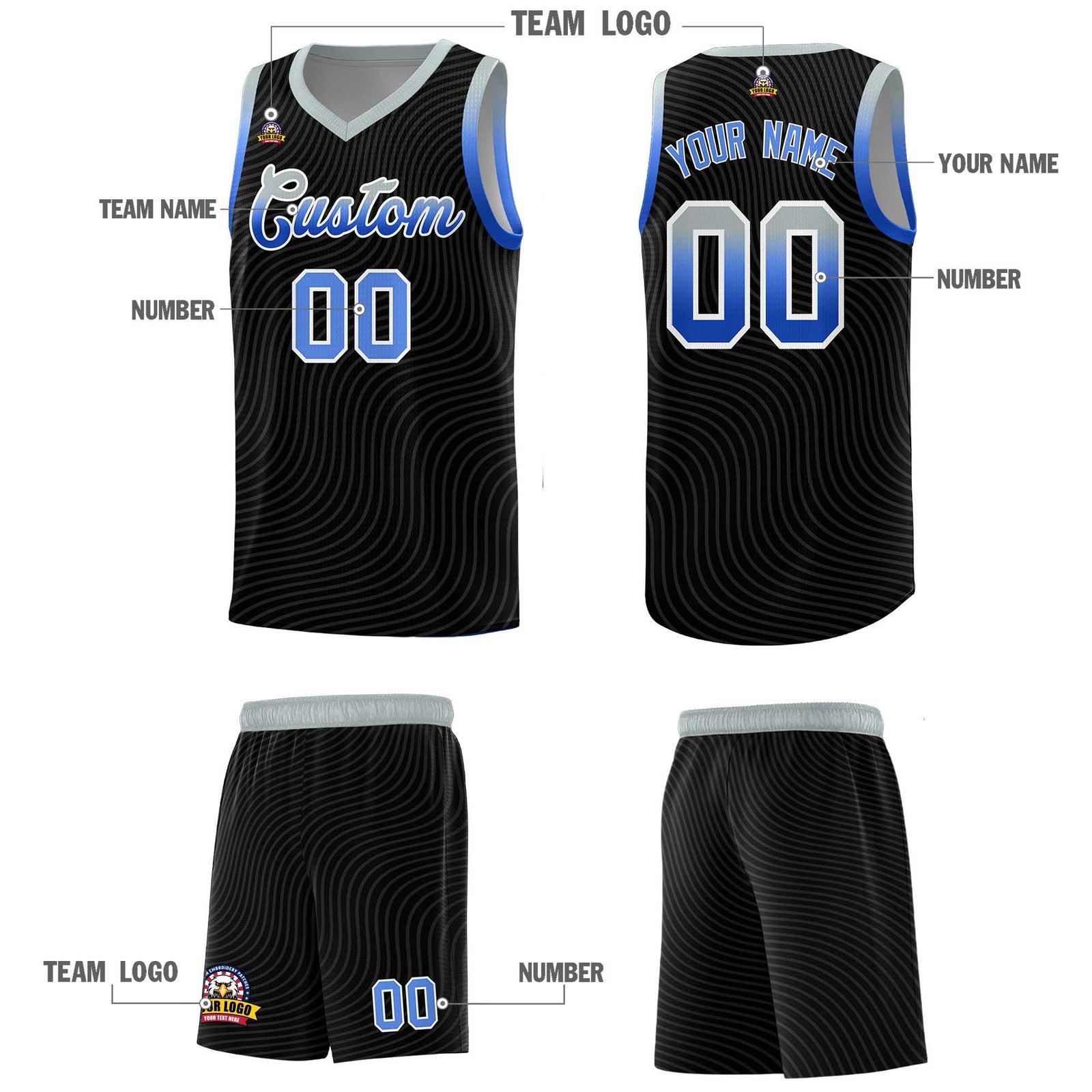 Custom Black Gray Wave Pattern Sports Uniform Basketball Kits
