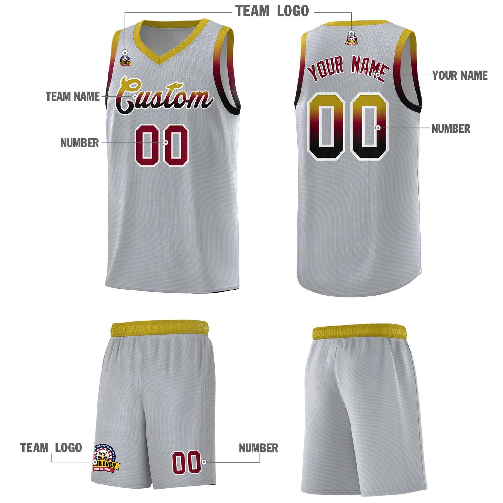 Custom Gray Old Gold Wave Pattern Sports Uniform Basketball Kits