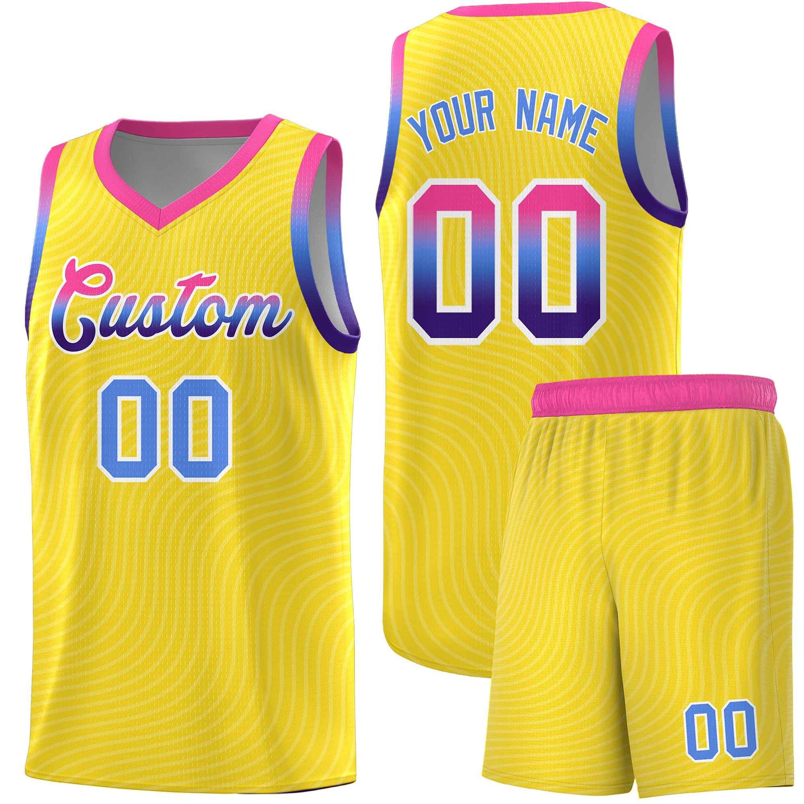 Custom Gold Pink Wave Pattern Sports Uniform Basketball Kits