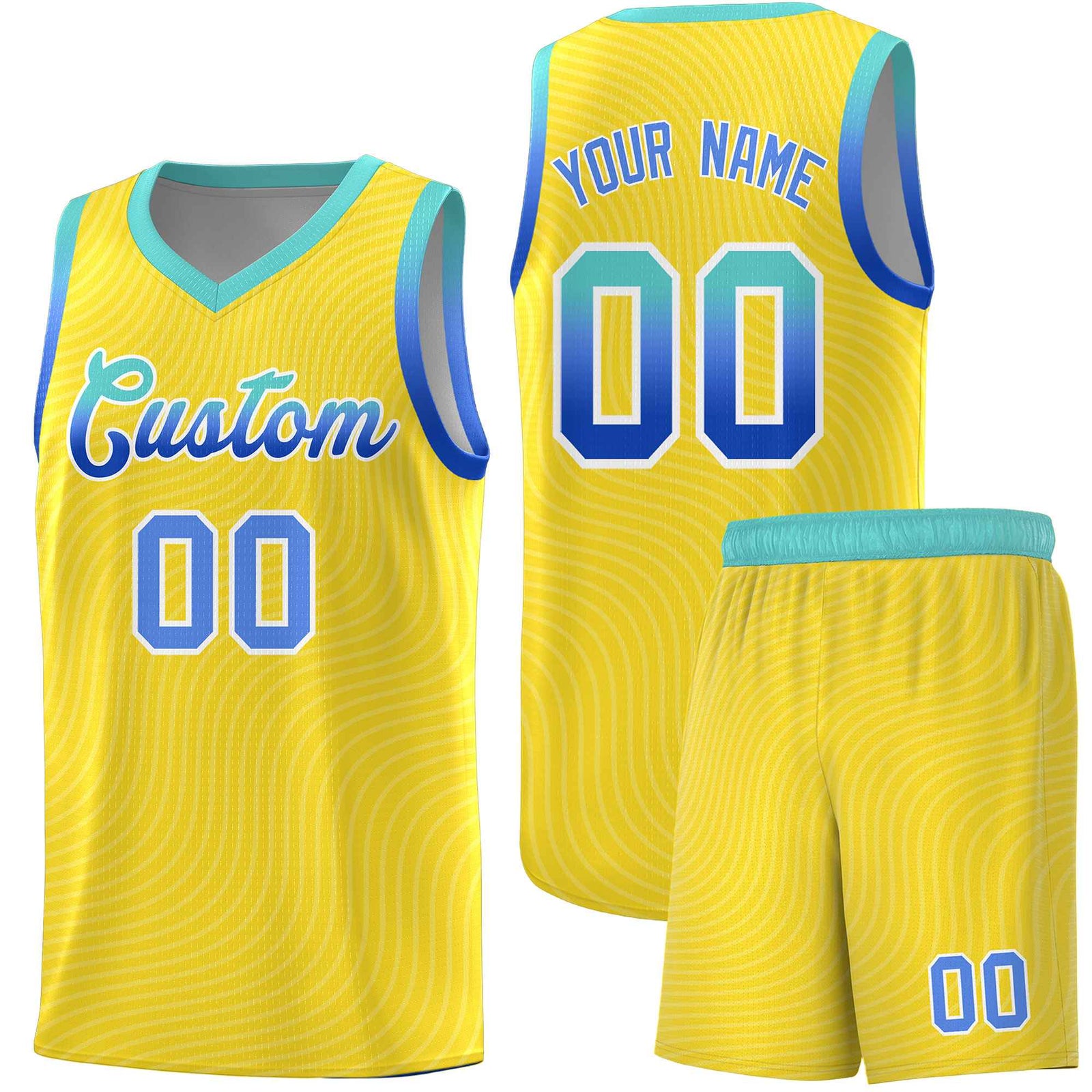 Custom Gold Bright Green Wave Pattern Sports Uniform Basketball Kits