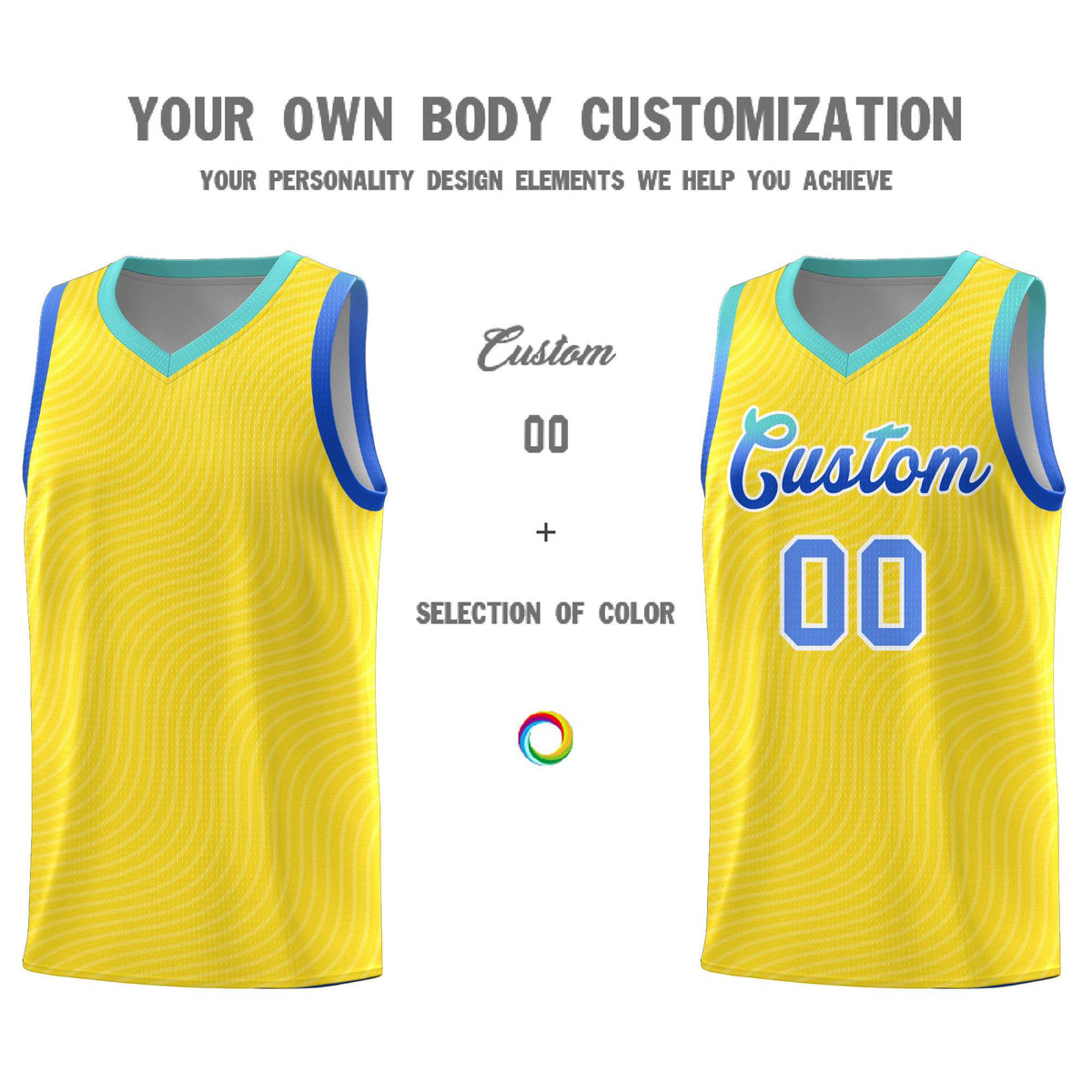 Custom Gold Bright Green Wave Pattern Sports Uniform Basketball Kits