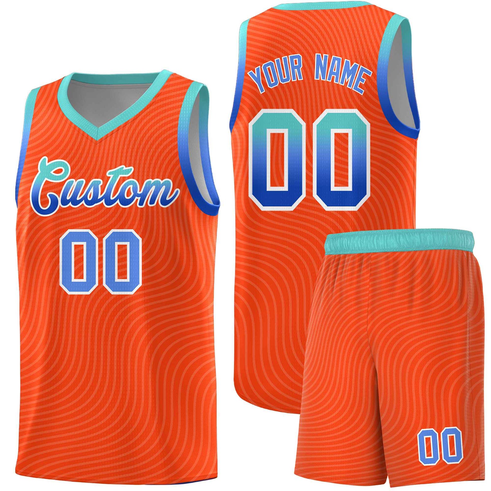 Custom Orange Bright Green Wave Pattern Sports Uniform Basketball Kits
