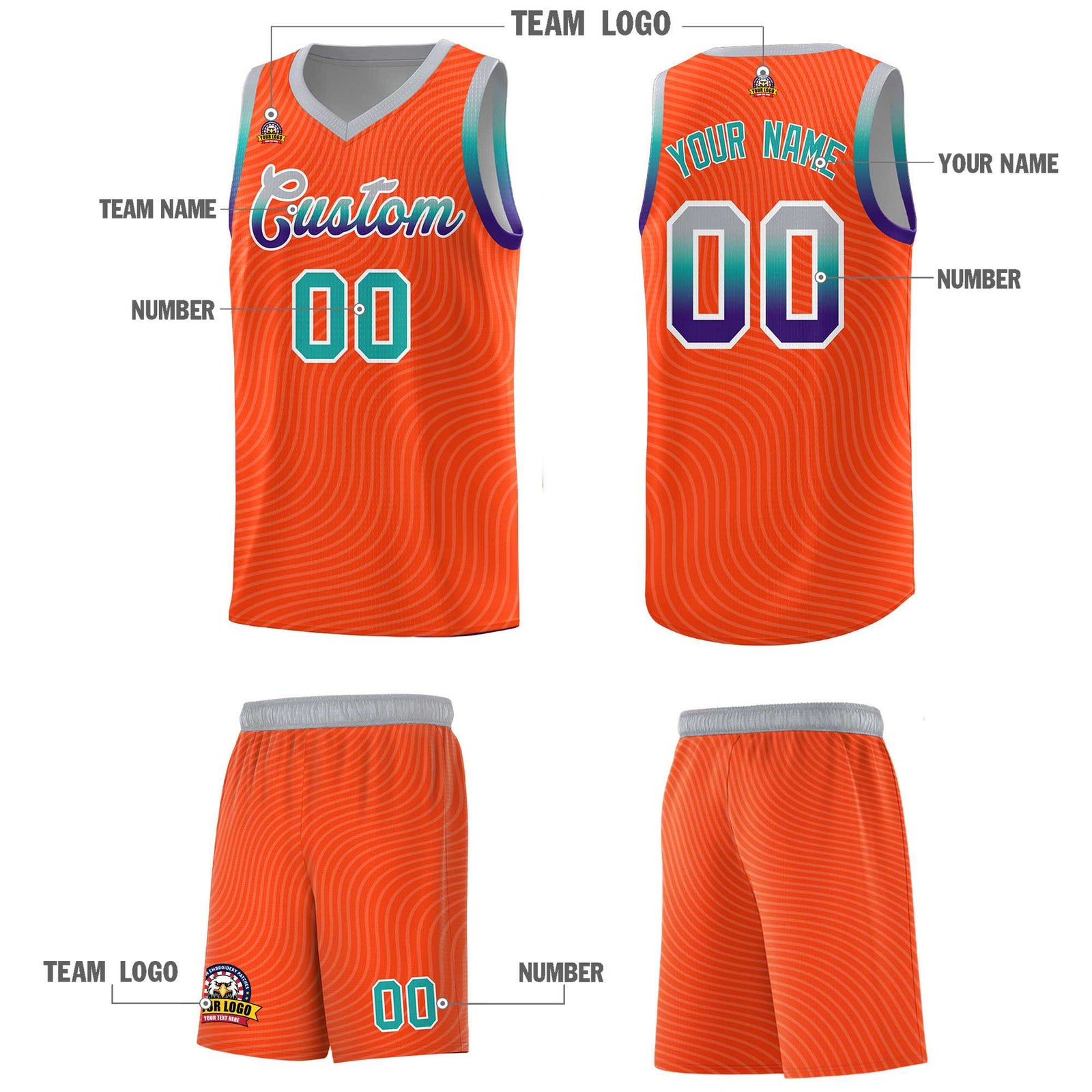 Custom Orange Gray Wave Pattern Sports Uniform Basketball Kits