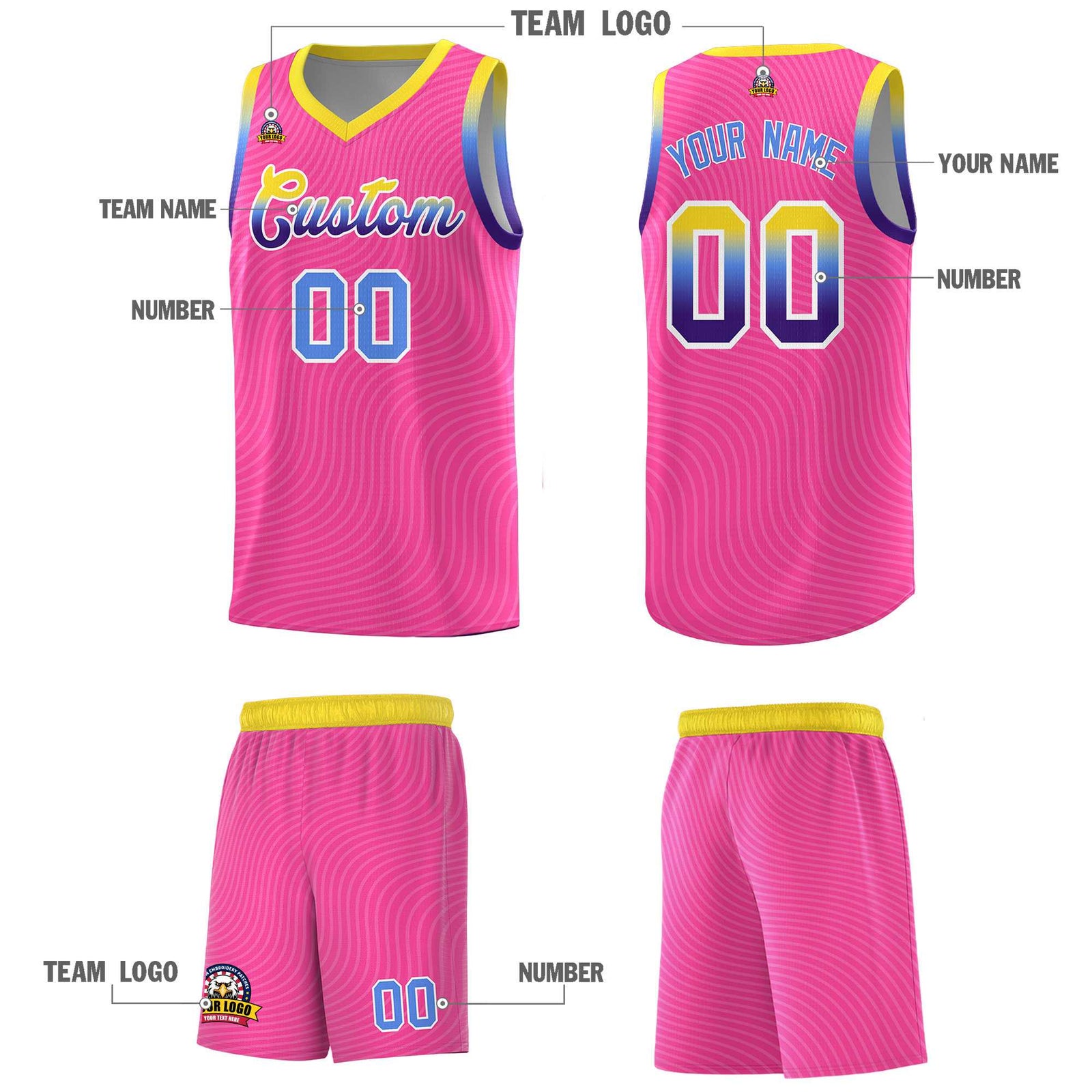 Custom Pink Gold Wave Pattern Sports Uniform Basketball Kits