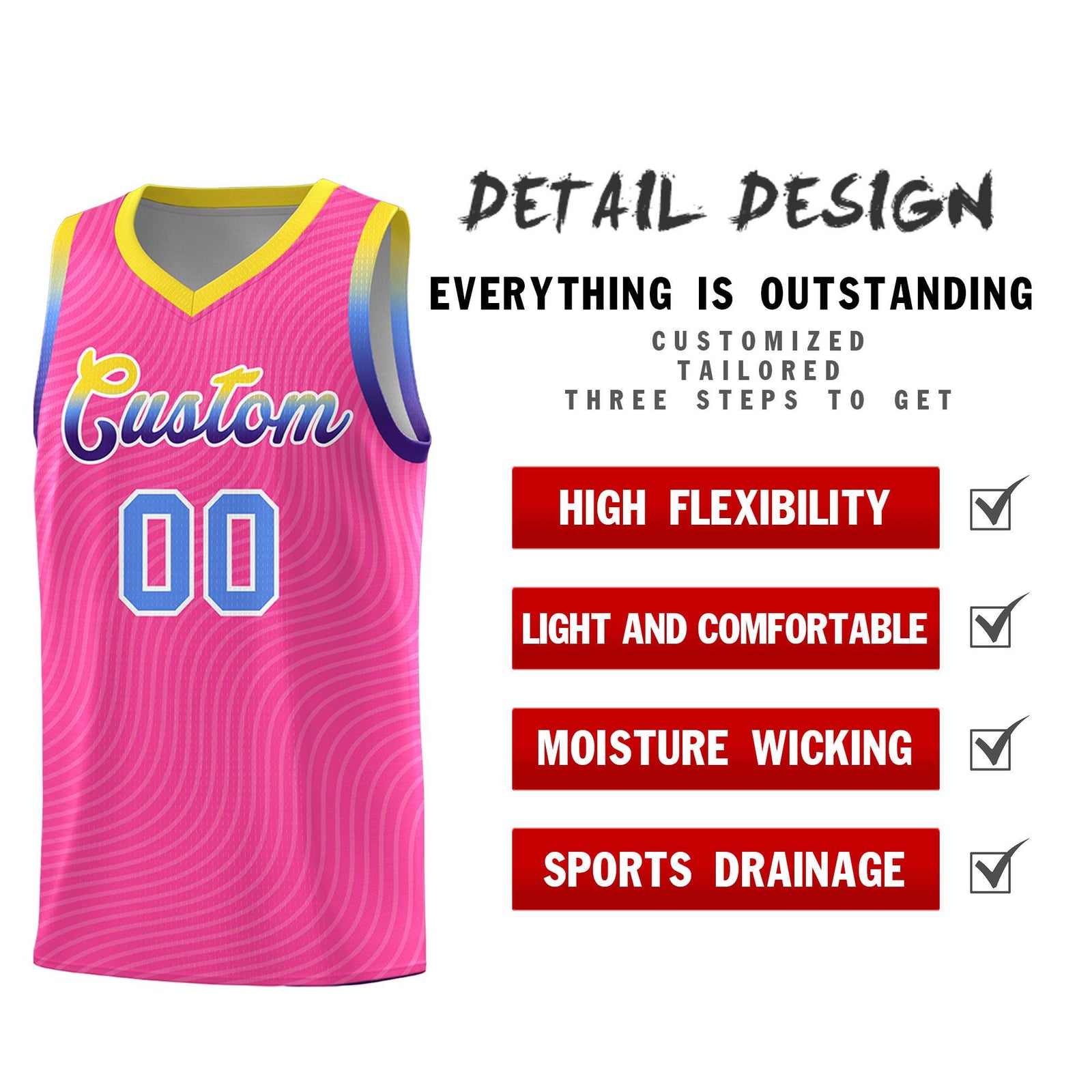 Custom Pink Gold Wave Pattern Sports Uniform Basketball Kits