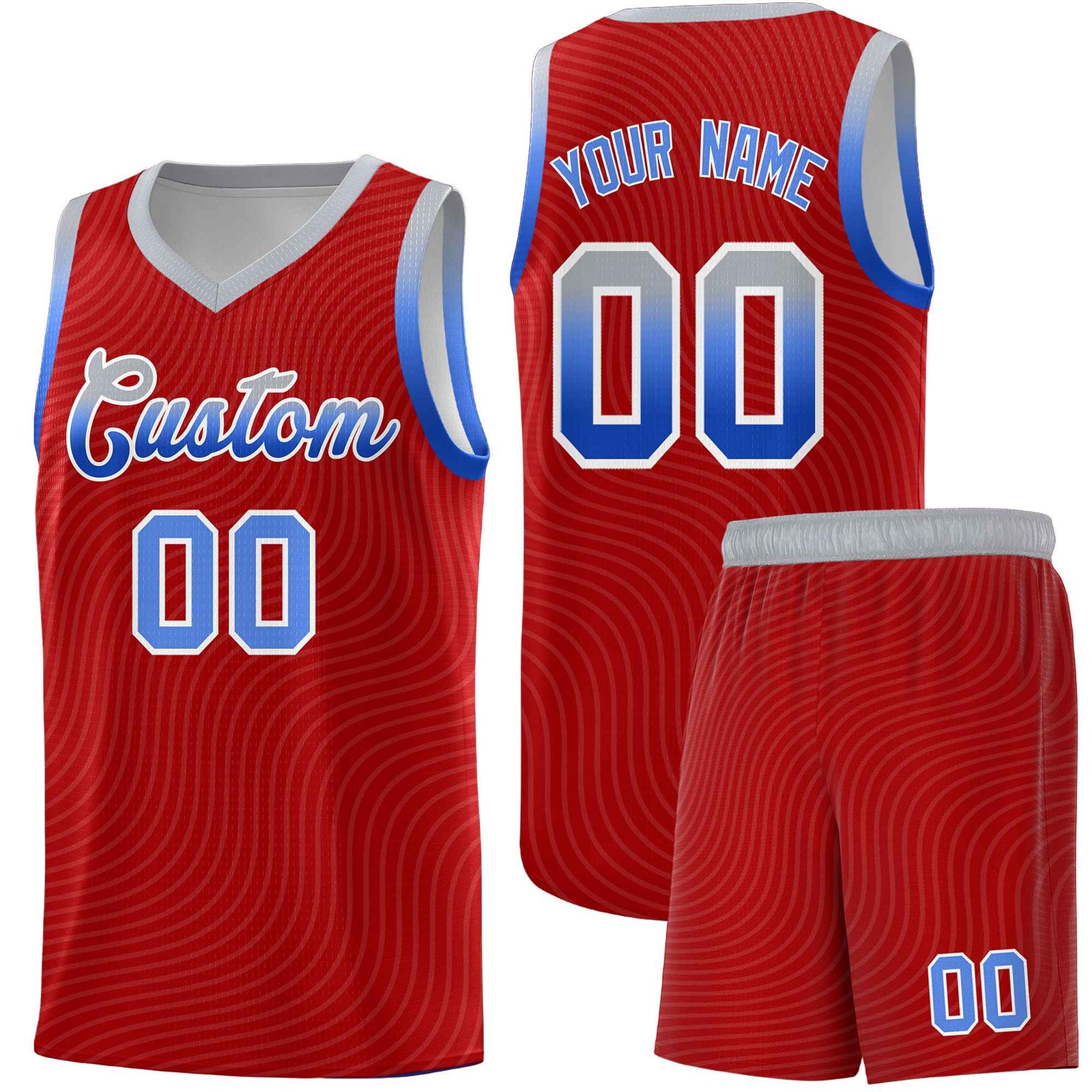 Custom Red Gray Wave Pattern Sports Uniform Basketball Kits