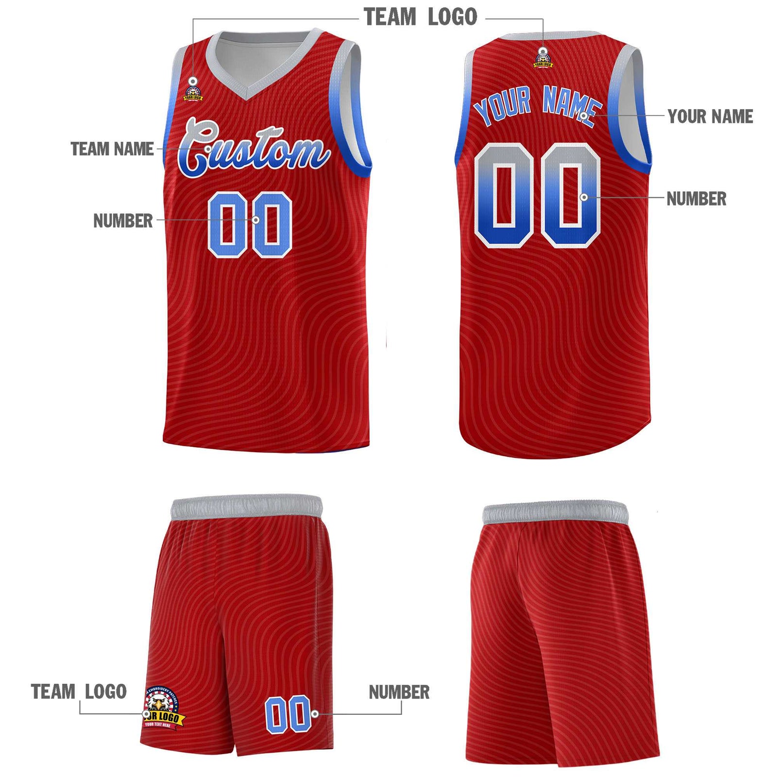 Custom Red Gray Wave Pattern Sports Uniform Basketball Kits