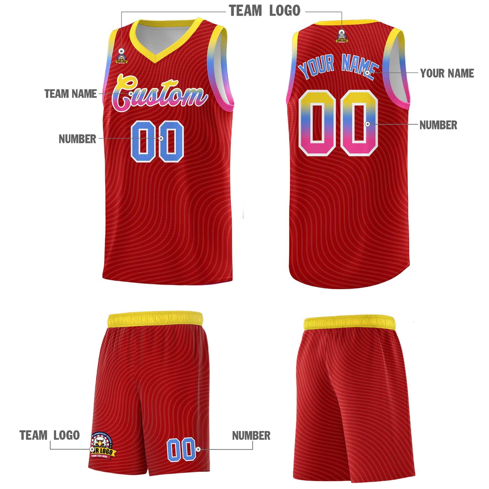 Custom Red Gold Wave Pattern Sports Uniform Basketball Kits