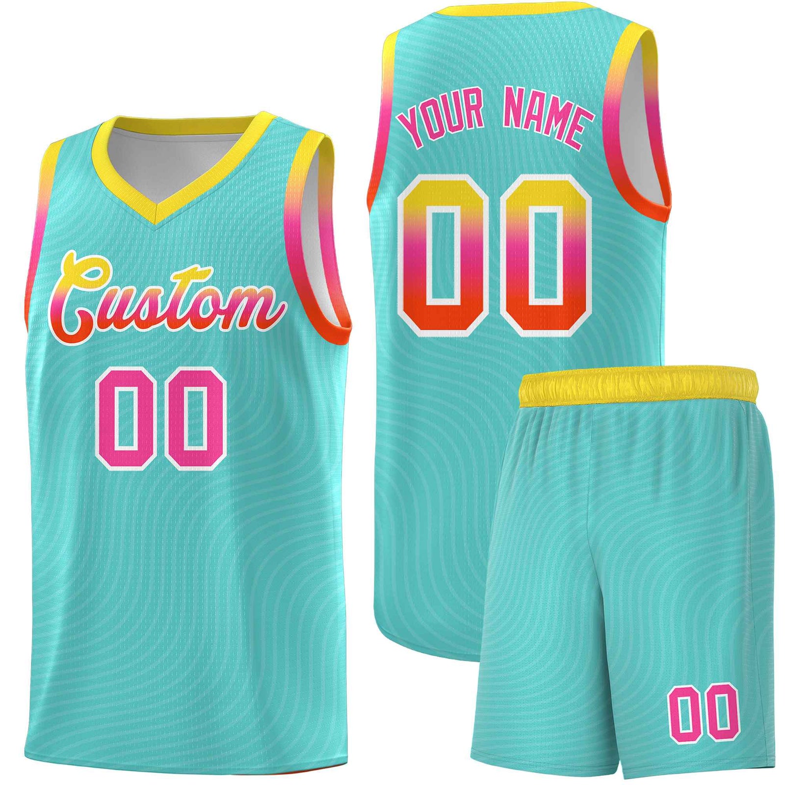 Custom Bright Green Gold Wave Pattern Sports Uniform Basketball Kits
