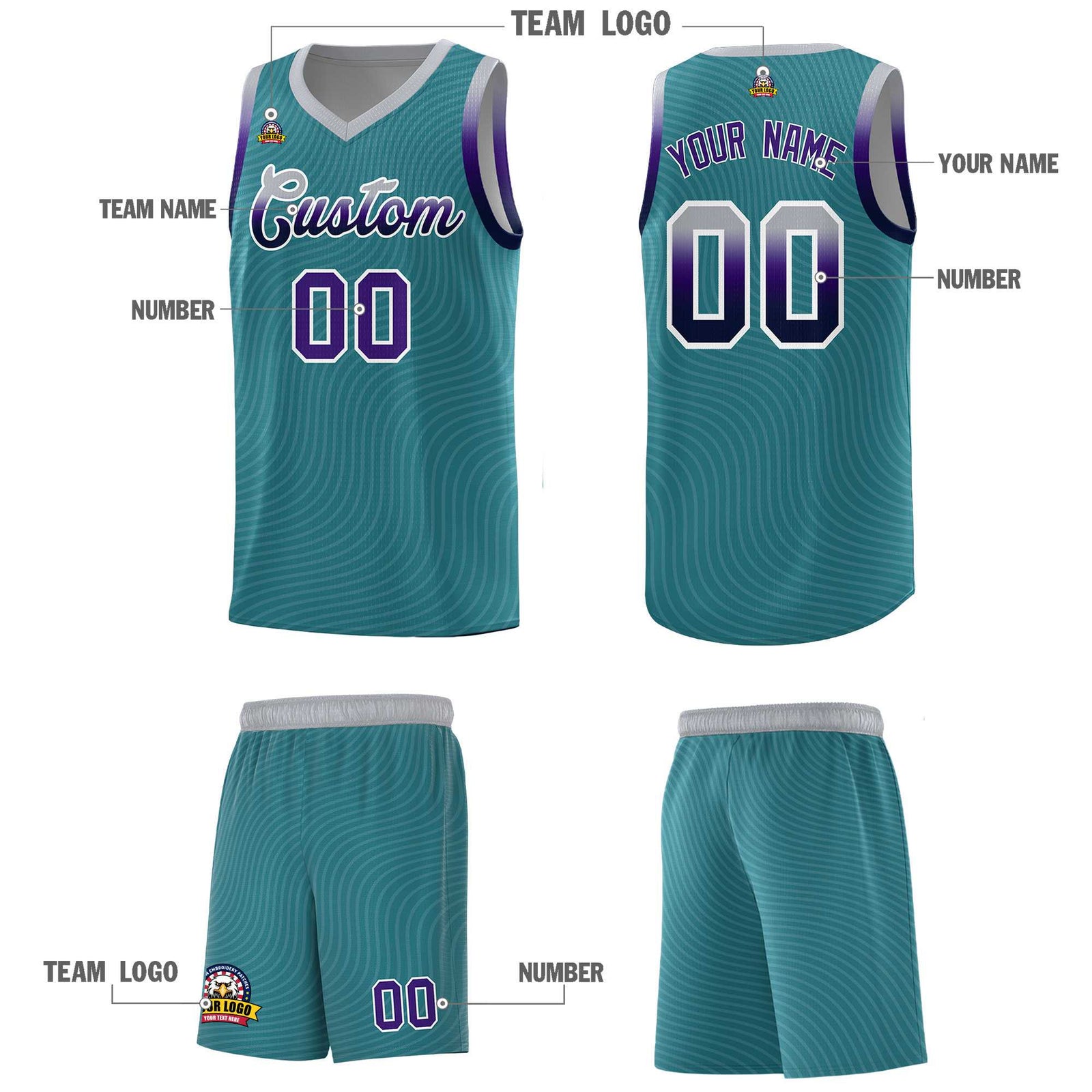 Custom Teal Gray Wave Pattern Sports Uniform Basketball Kits