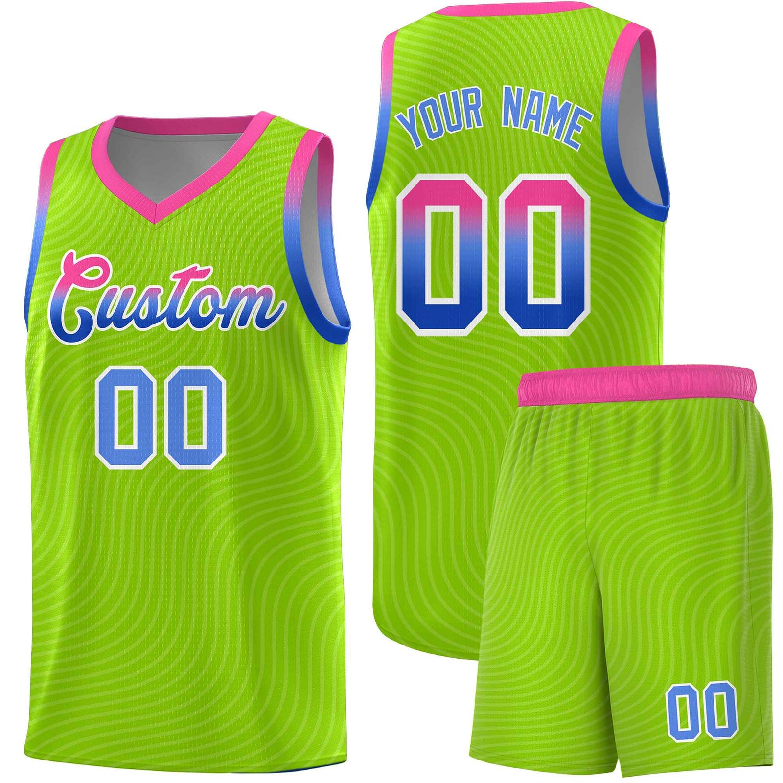 Custom Neon Green Pink Wave Pattern Sports Uniform Basketball Kits