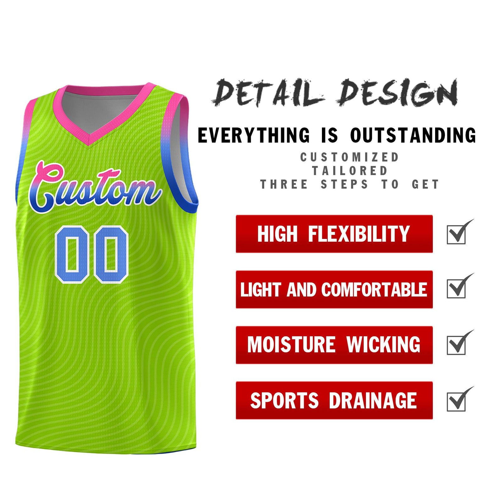 Custom Neon Green Pink Wave Pattern Sports Uniform Basketball Kits