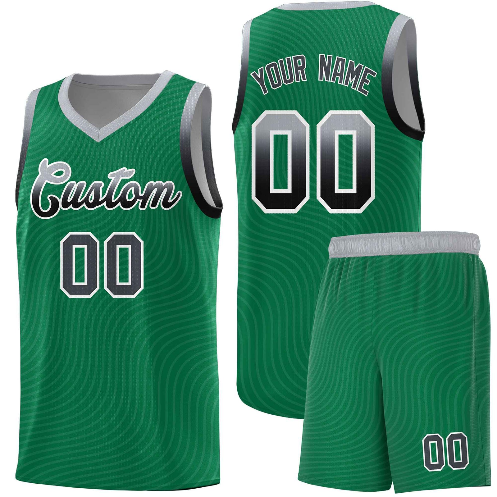 Custom Kelly Green Gray Wave Pattern Sports Uniform Basketball Kits