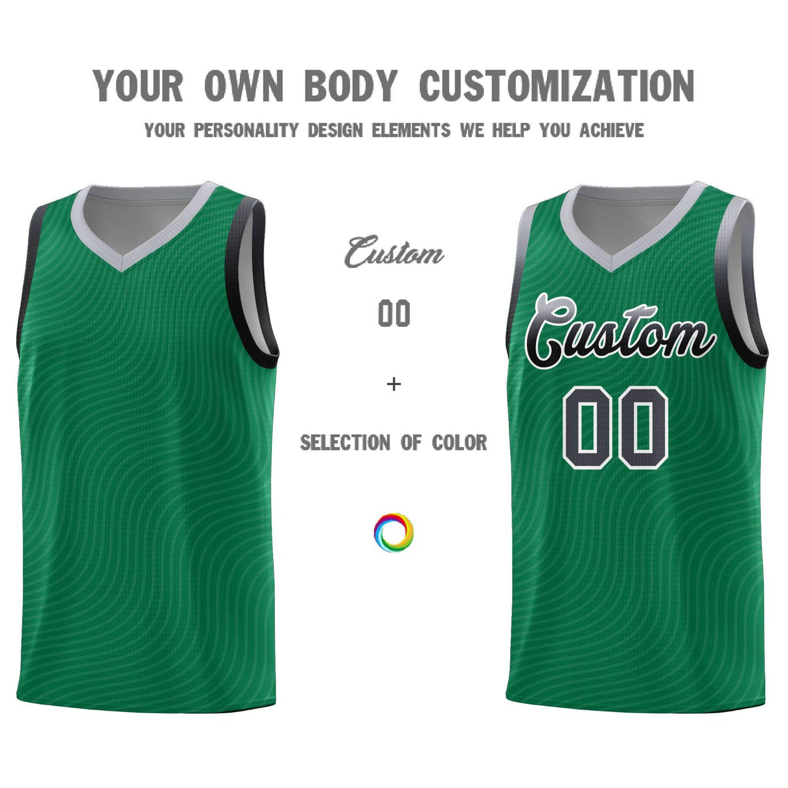 Custom Kelly Green Gray Wave Pattern Sports Uniform Basketball Kits