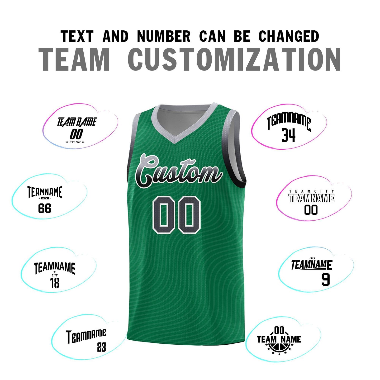 Custom Kelly Green Gray Wave Pattern Sports Uniform Basketball Kits