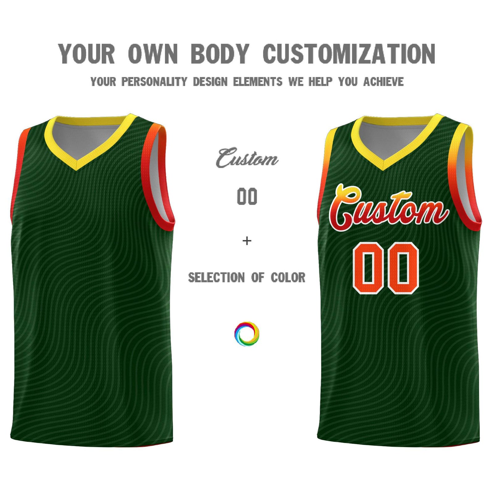 Custom Hunter Green Gold Wave Pattern Sports Uniform Basketball Kits