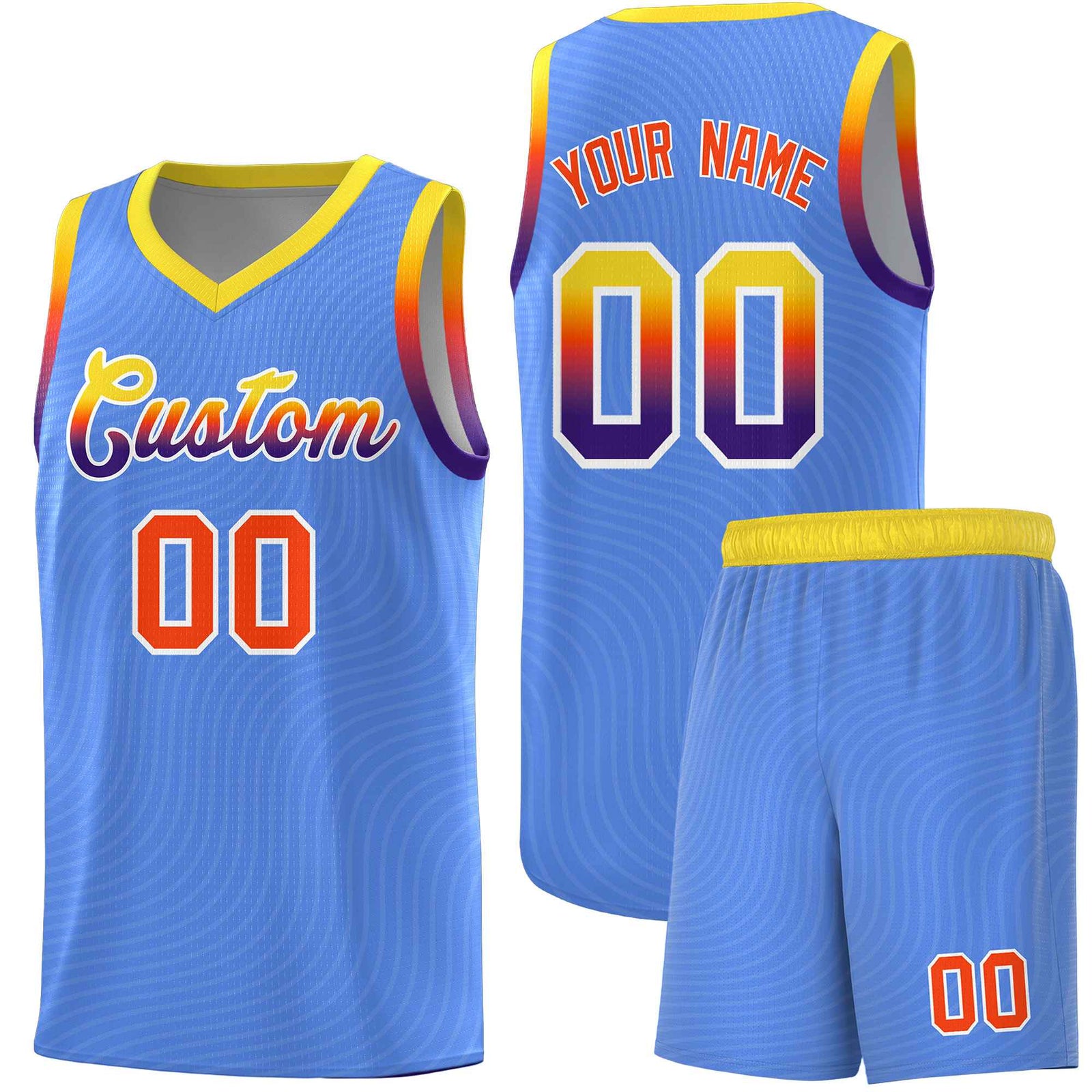 Custom Light Blue Gold Wave Pattern Sports Uniform Basketball Kits