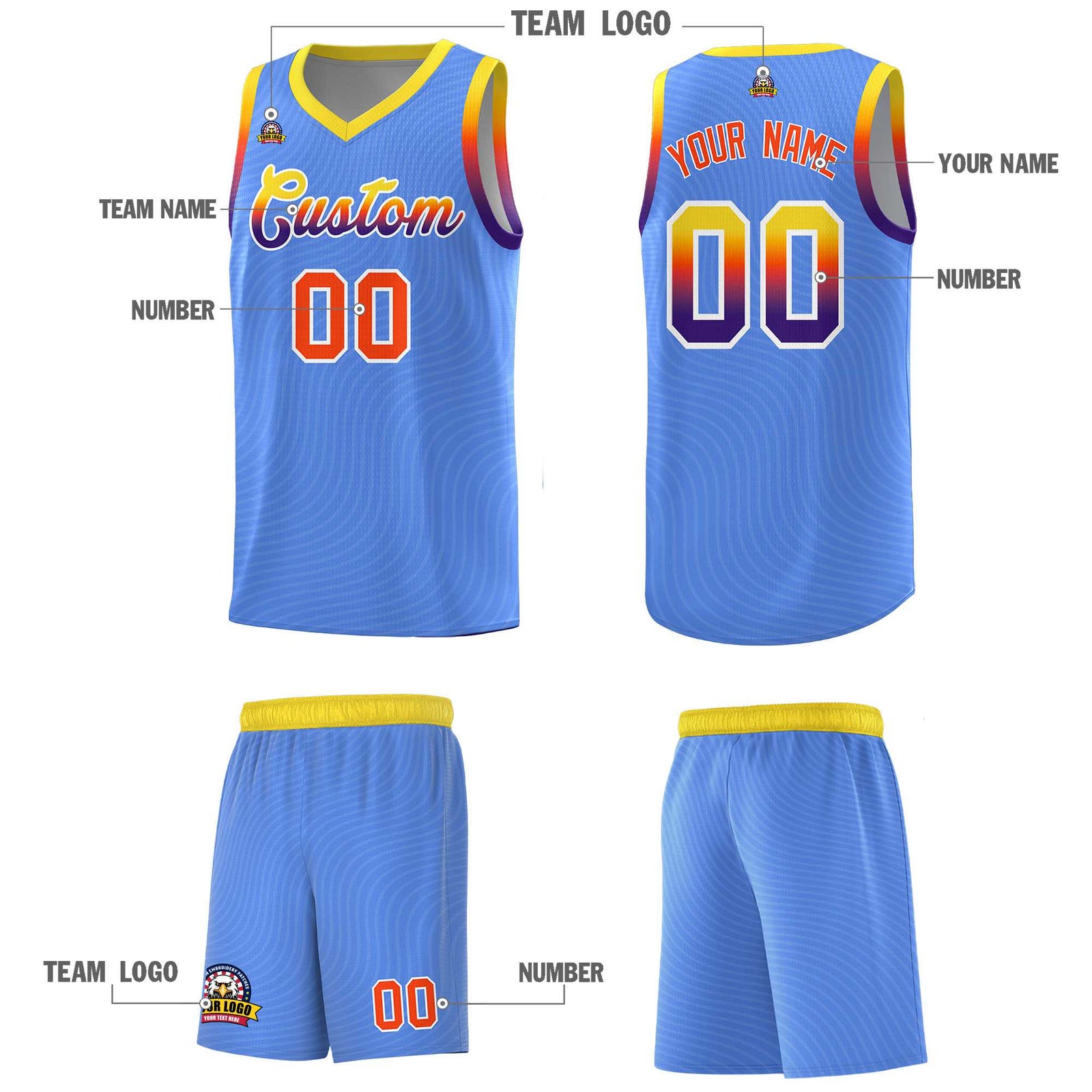 Custom Light Blue Gold Wave Pattern Sports Uniform Basketball Kits