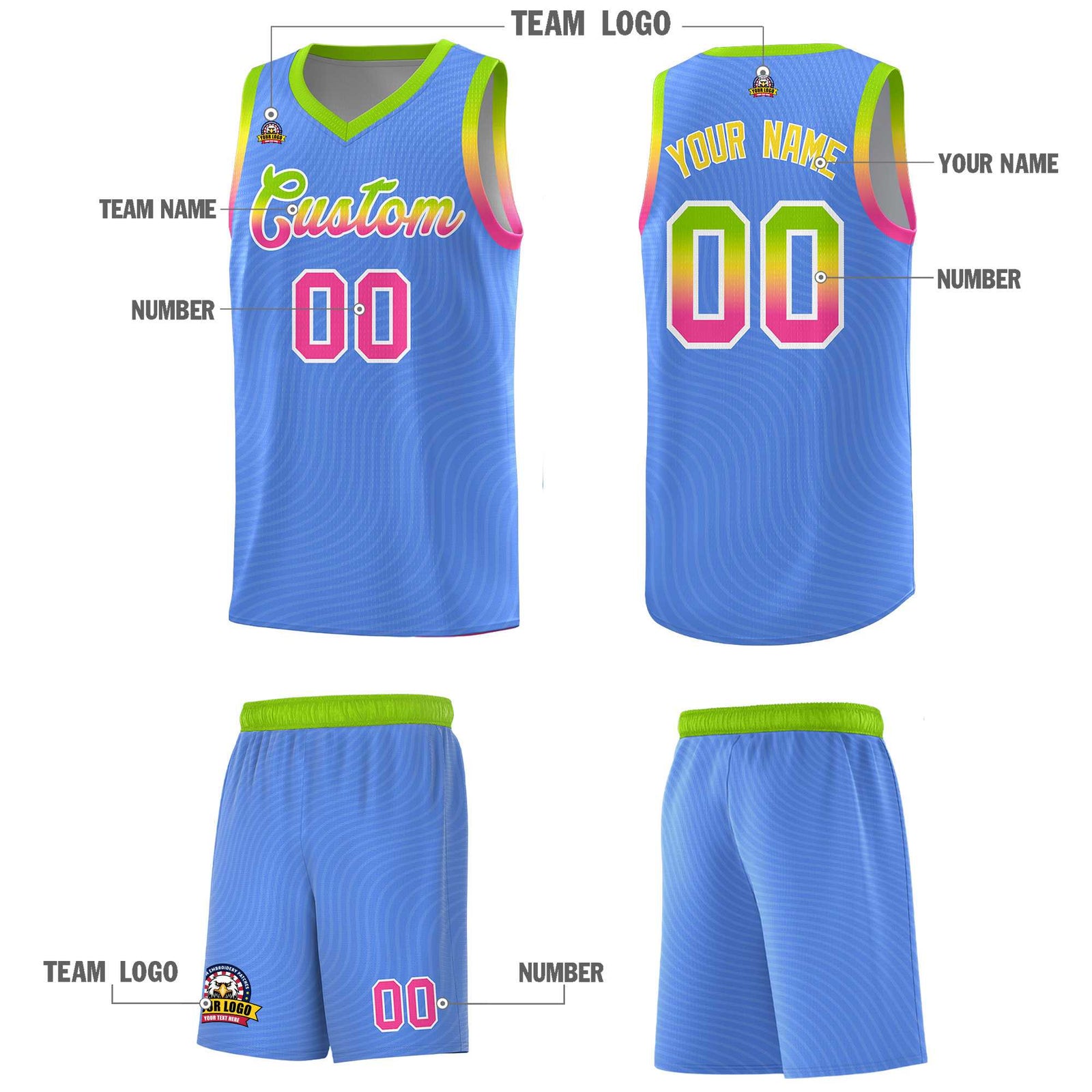 Custom Light Blue Neon Green Wave Pattern Sports Uniform Basketball Kits