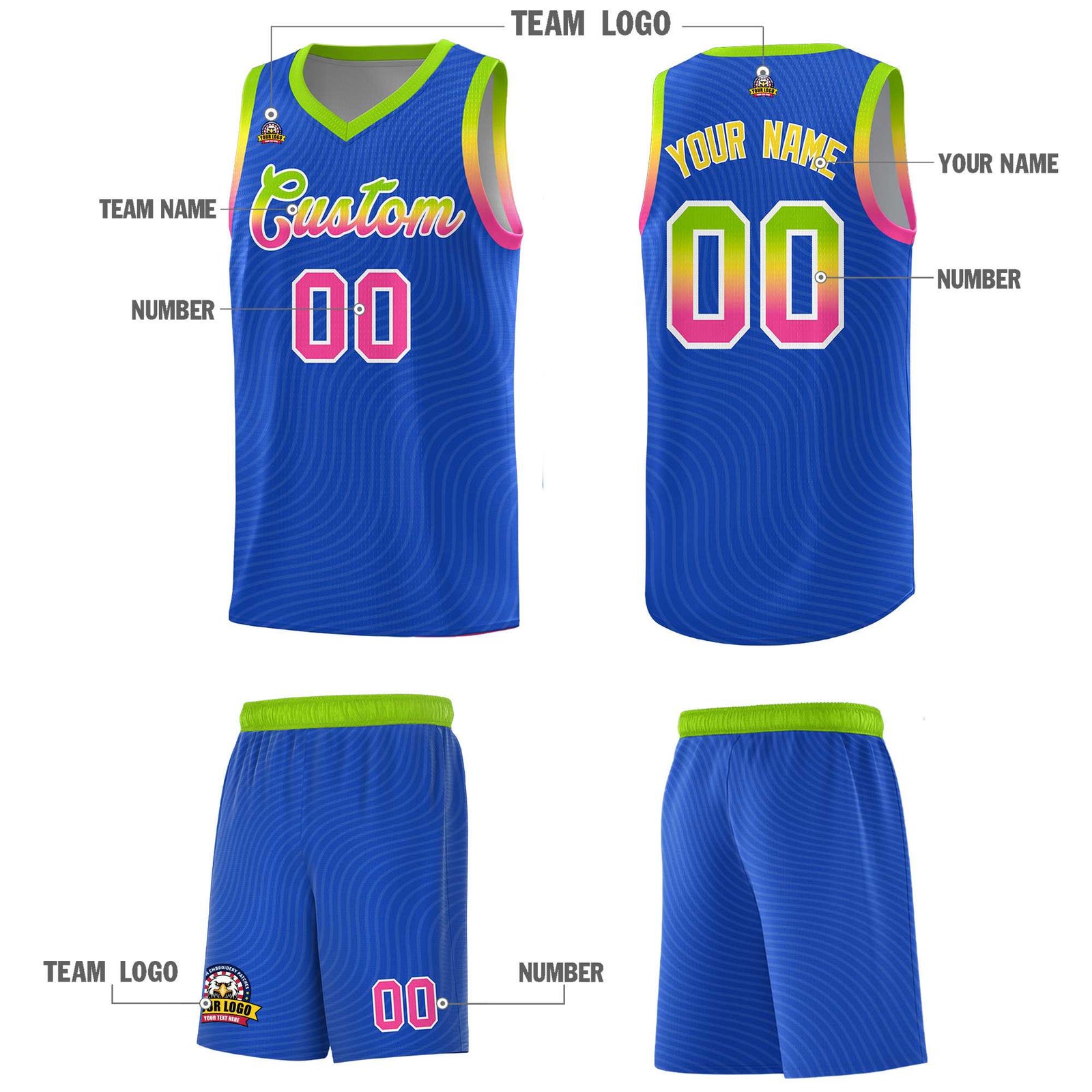 Custom Royal Blue Neon Green Wave Pattern Sports Uniform Basketball Kits