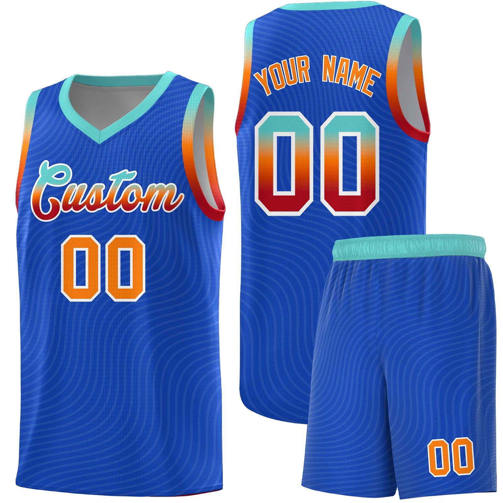 Custom Royal Blue Bright Green Wave Pattern Sports Uniform Basketball Kits
