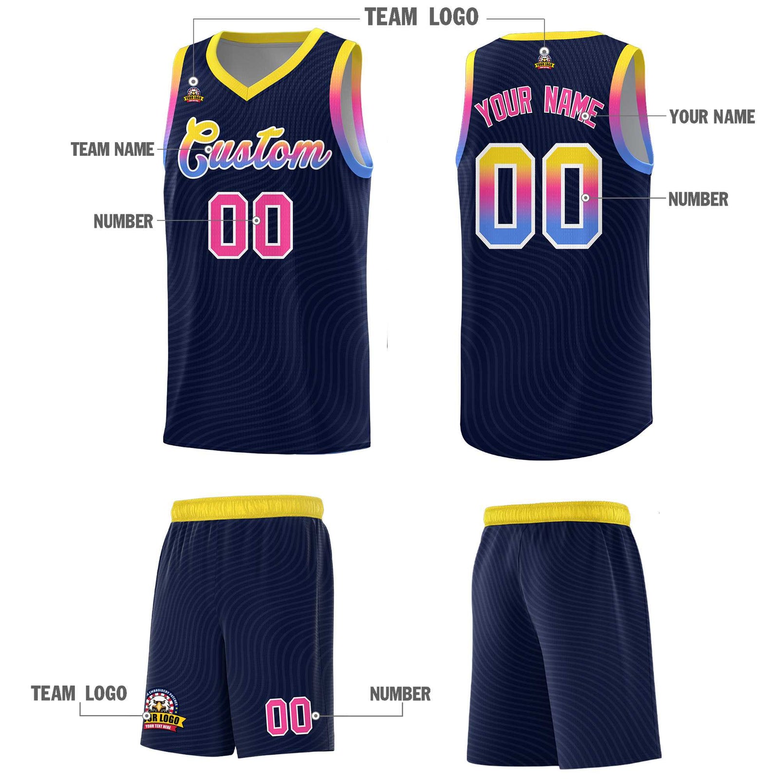 Custom Navy Gold Wave Pattern Sports Uniform Basketball Kits