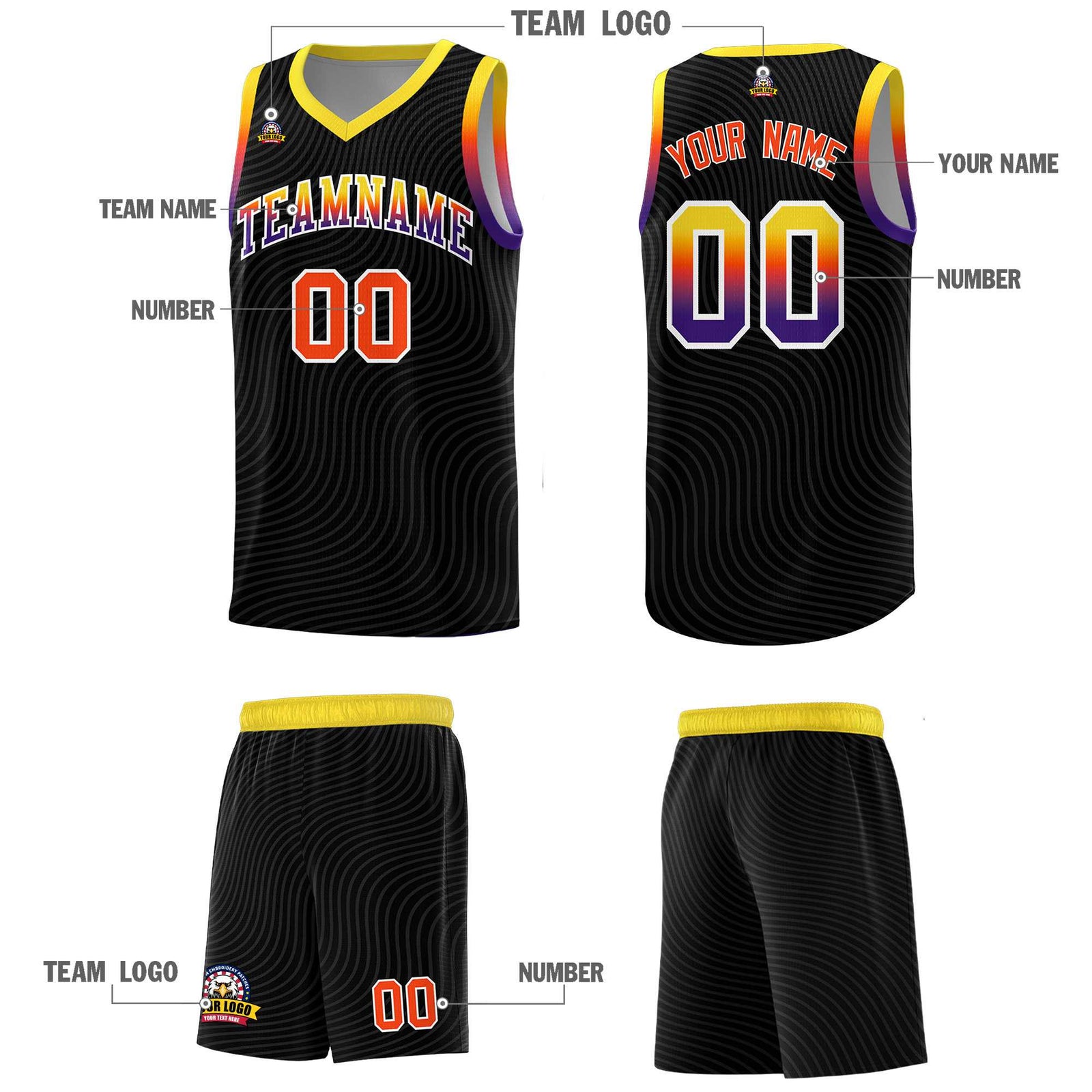 Custom Black Gold Wave Pattern Sports Uniform Basketball Kits