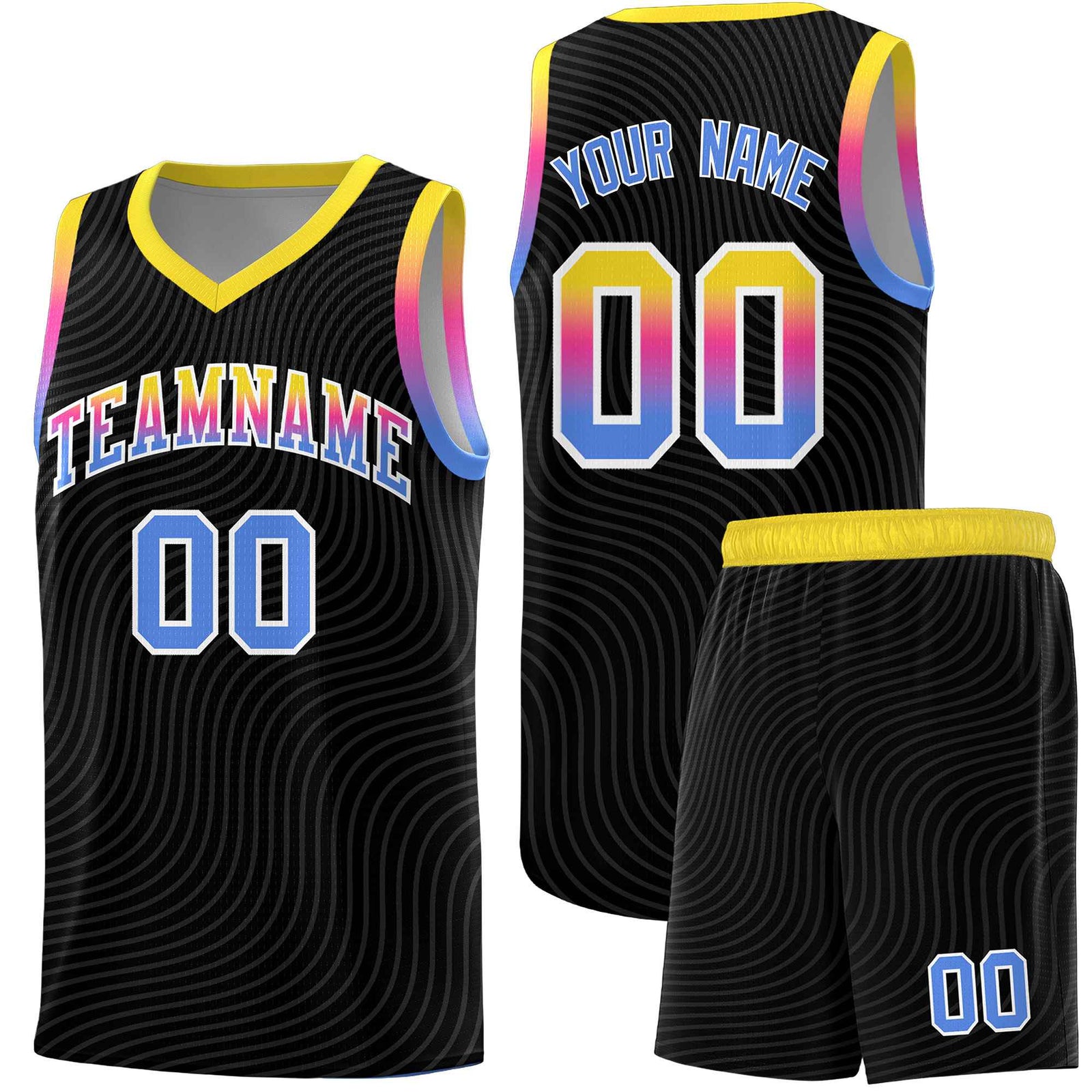 Custom Black Gold Wave Pattern Sports Uniform Basketball Kits