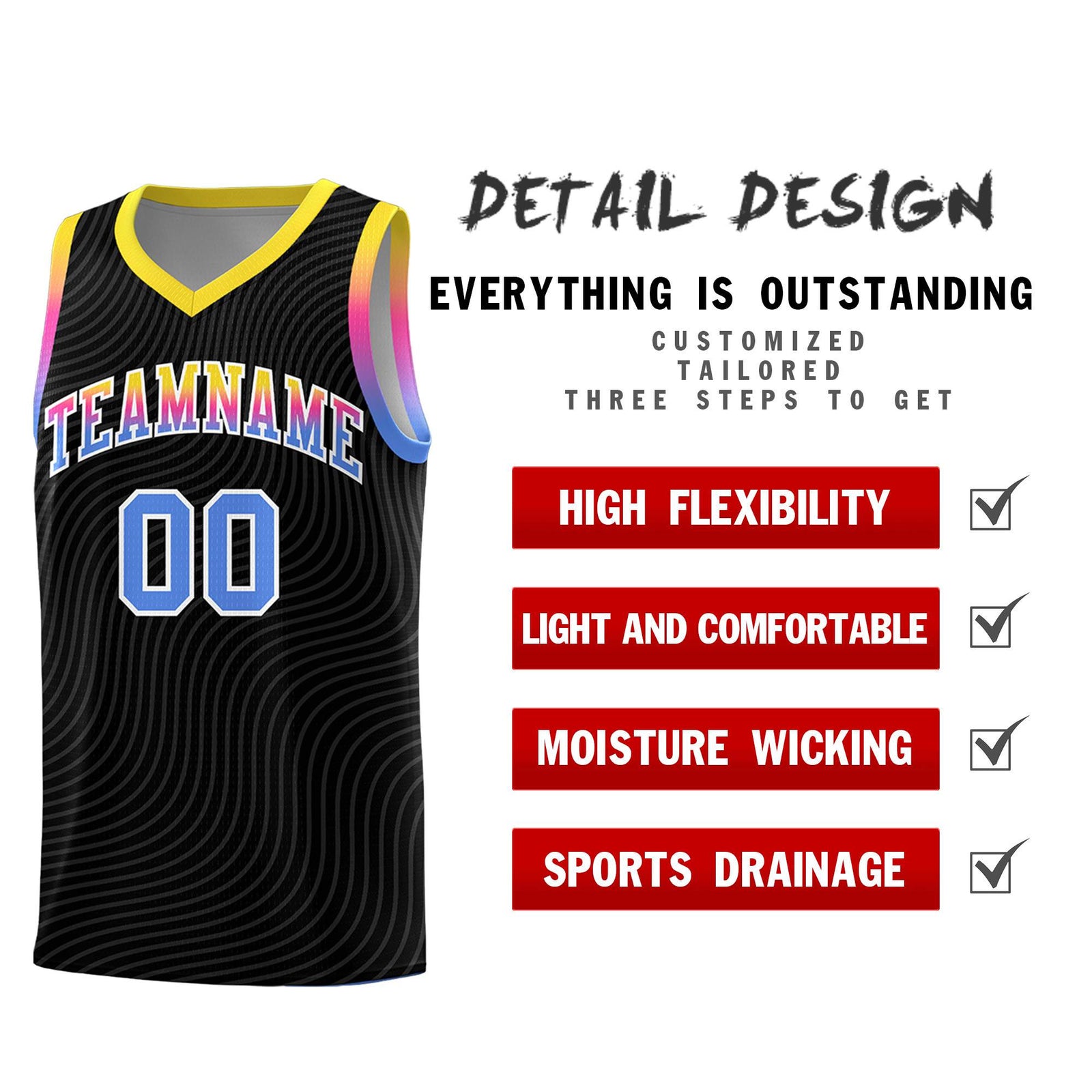 Custom Black Gold Wave Pattern Sports Uniform Basketball Kits