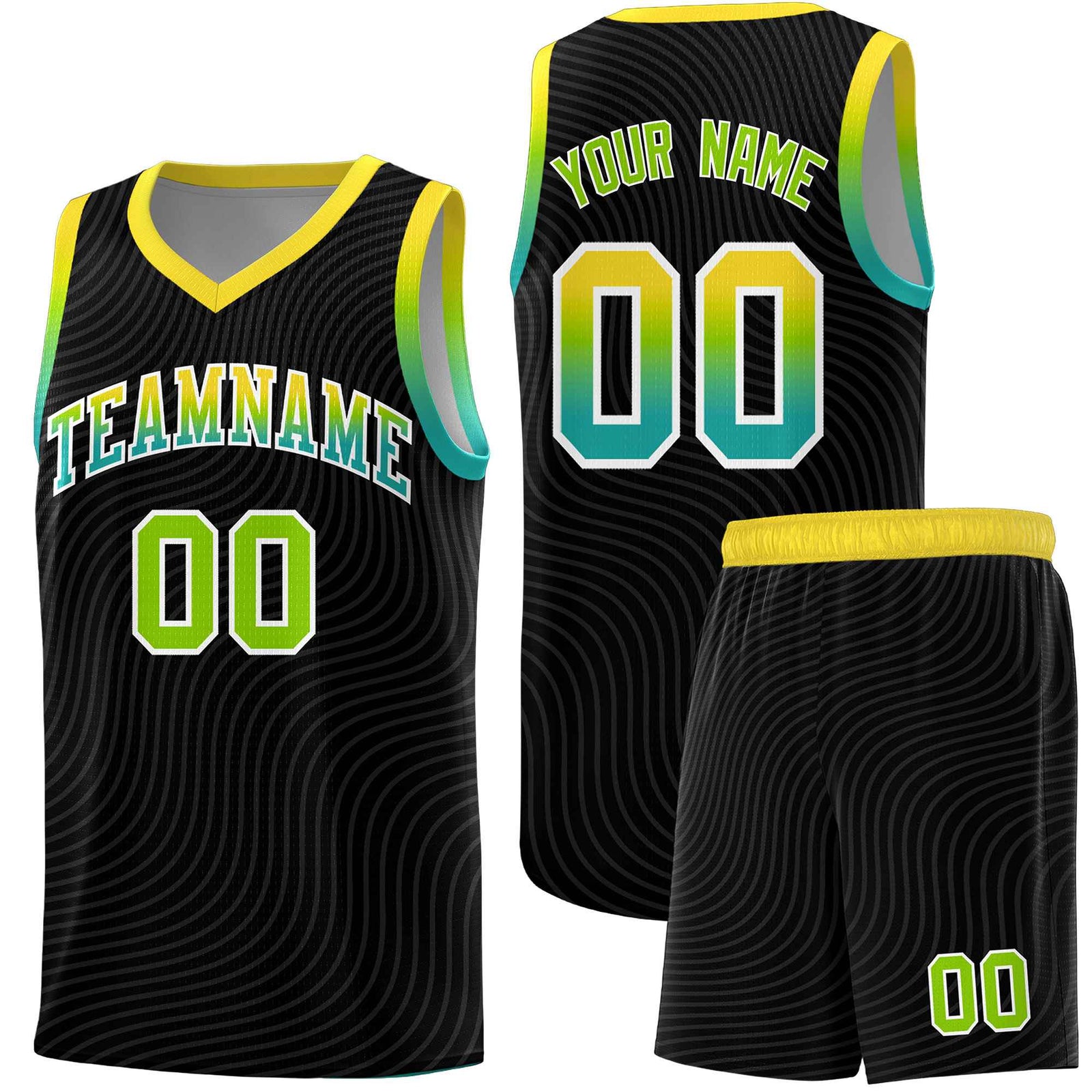Custom Black Gold Wave Pattern Sports Uniform Basketball Kits