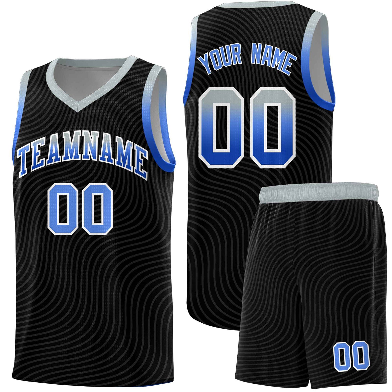Custom Black Gray Wave Pattern Sports Uniform Basketball Kits