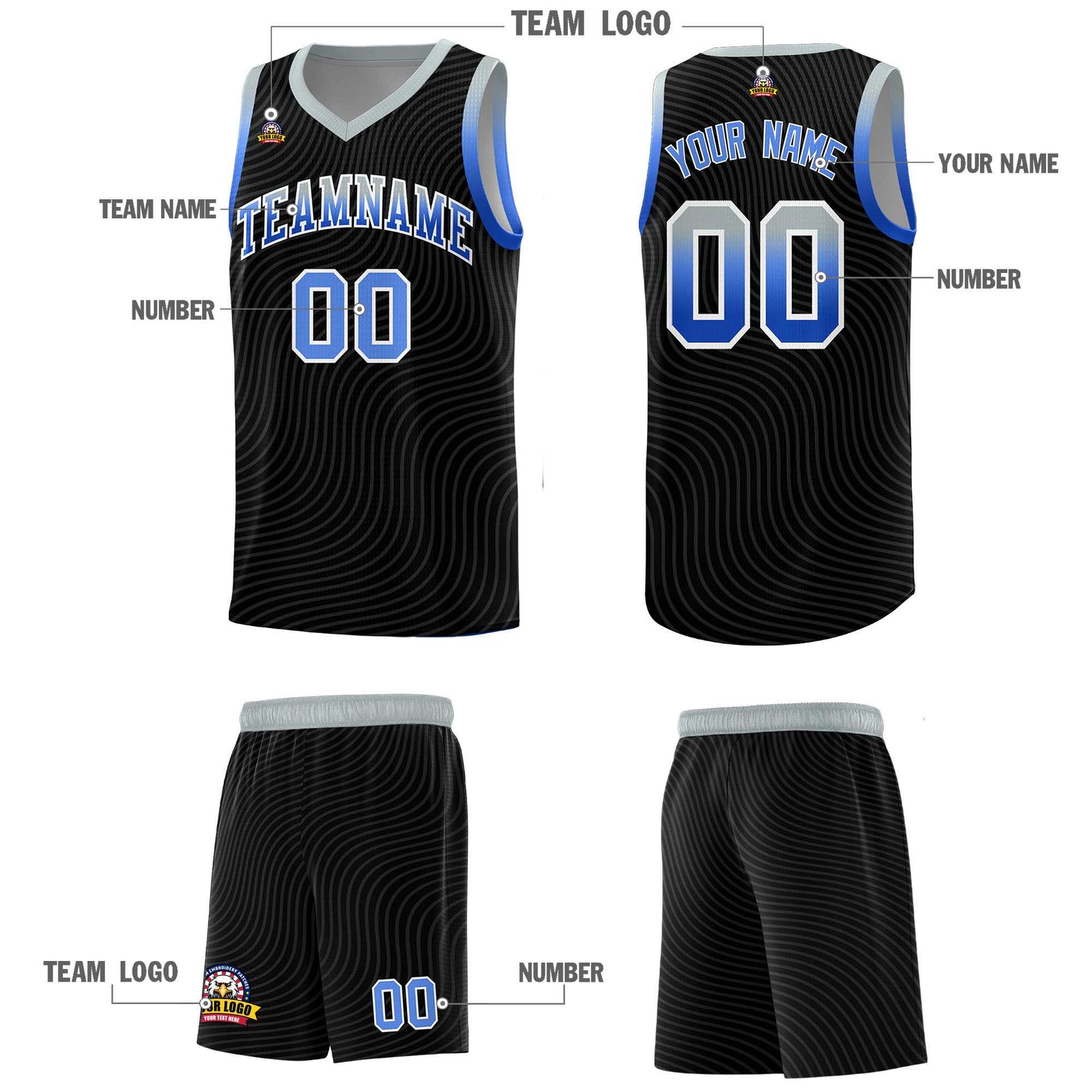 Custom Black Gray Wave Pattern Sports Uniform Basketball Kits